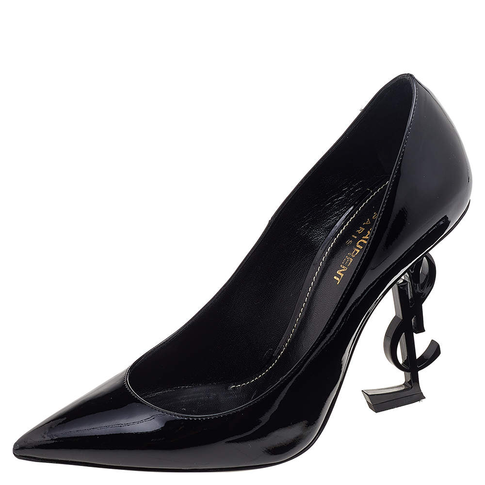 Pre Owned حذاء كعب عالي سان لوران أوبيوم جلد أسود لامع مقدمة مدببة مقاس 37