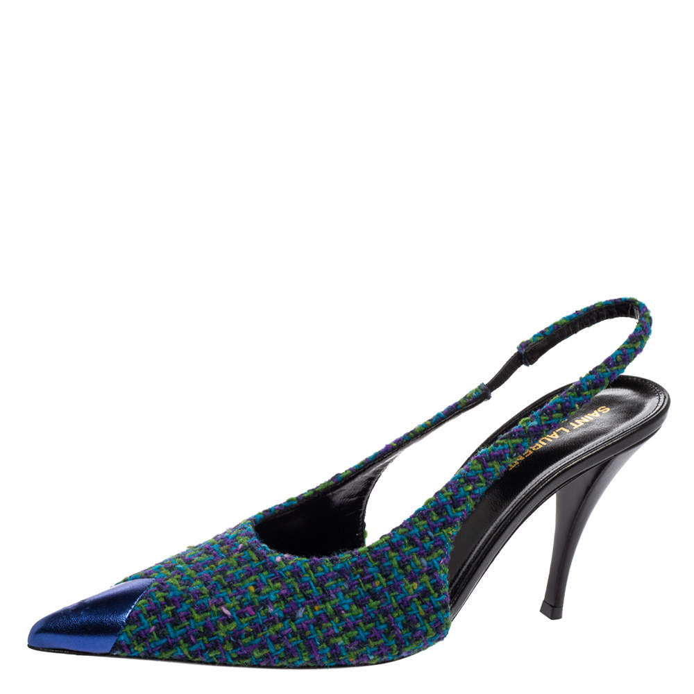 Pre Owned Saint Laurent Multicolor Tweed And Leather Arian Slingback Sandals Size 40