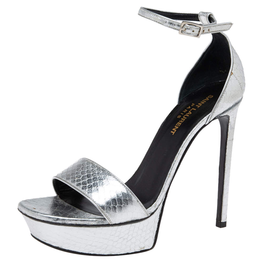 Pre Owned Saint Laurent Silver Snakeskin Embossed Leather Platform Ankle Strap Sandals Size 38.5
