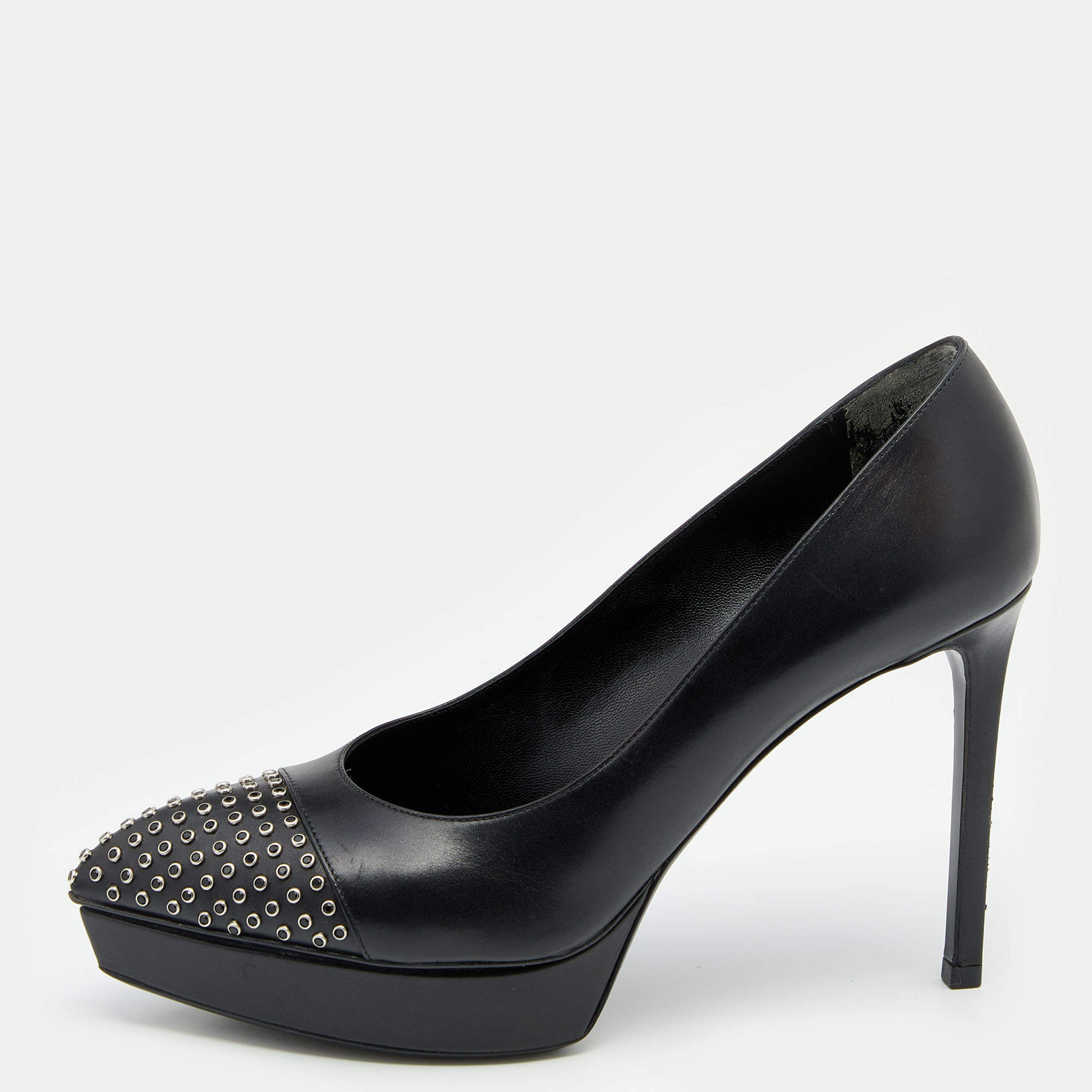 Saint Laurent Black Leather Janis Studded Pointed Toe Pumps Size 38