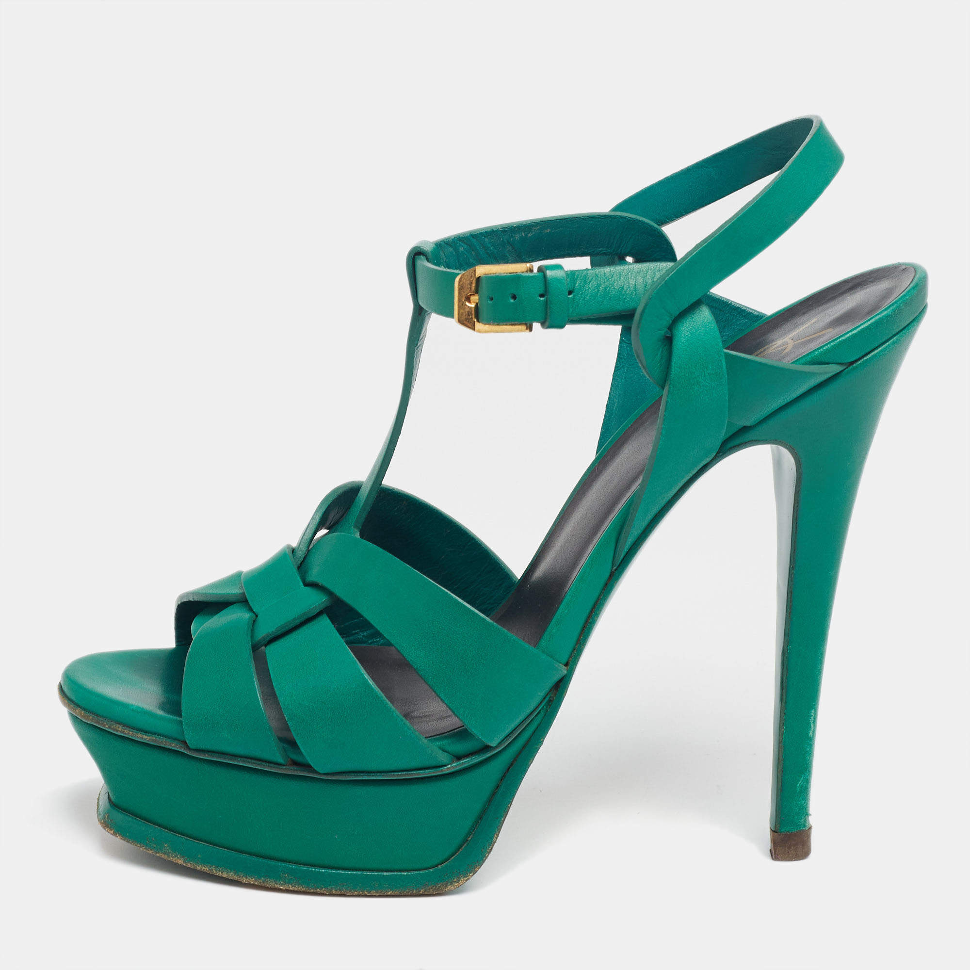 مملوكة مسبقًا Saint Laurent Green Leather Tribute Platform Sandals Size 37.5
