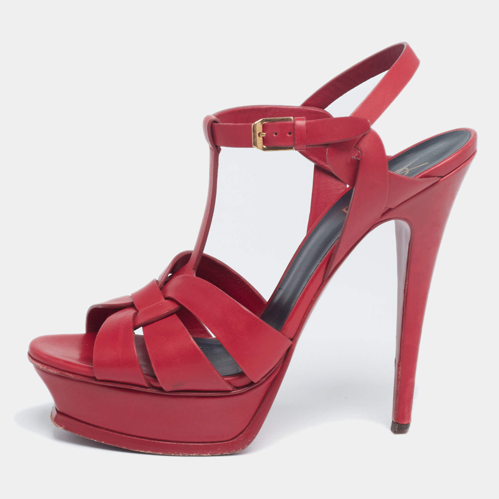 Pre Owned Saint Laurent Red Leather Tribute Platform Sandals Size 40