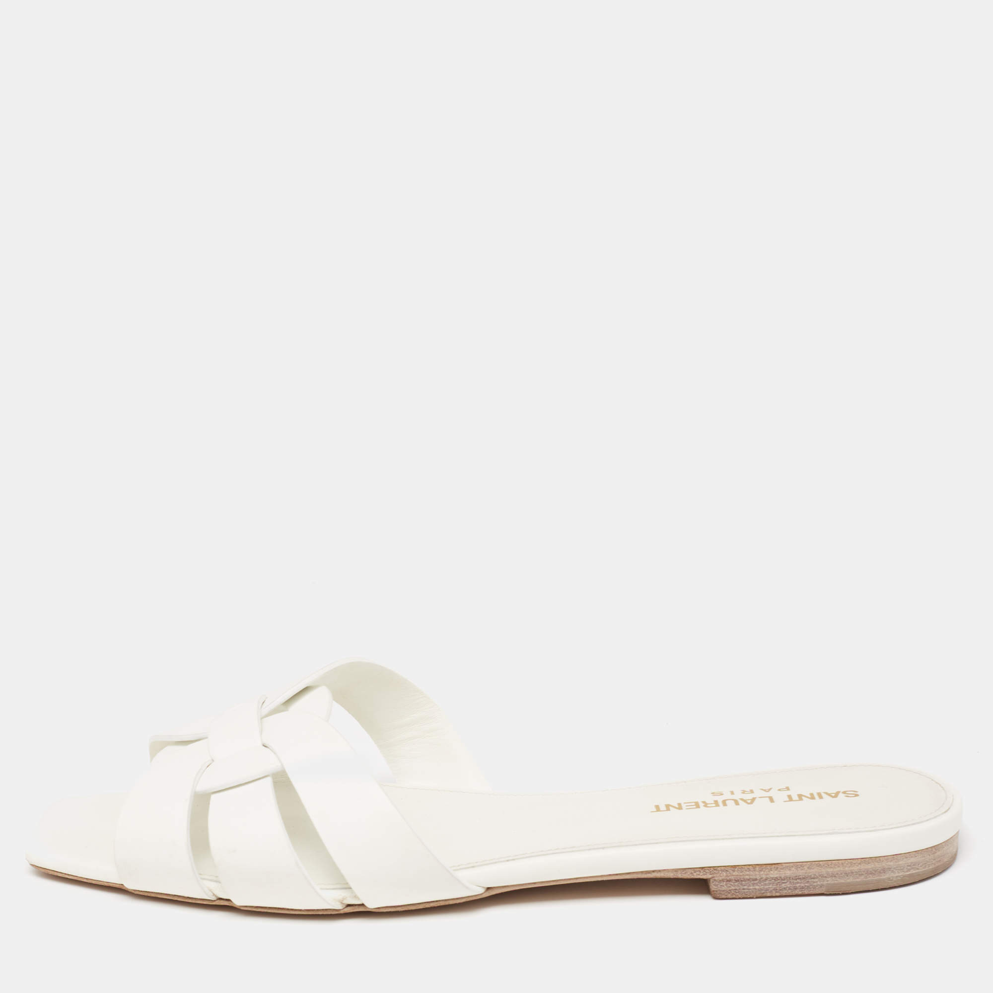 Pre Owned Saint Laurent White Leather Tribute Flat Sandals Size 38
