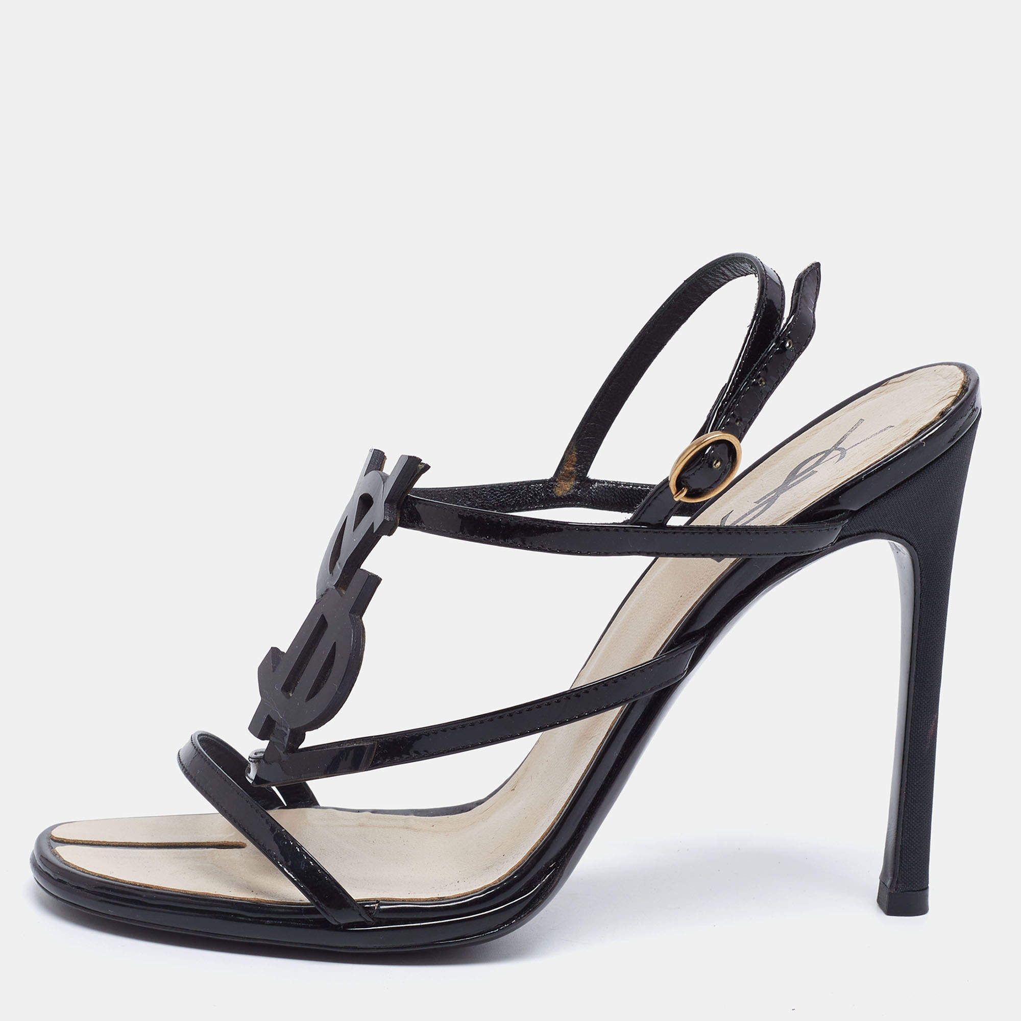 Saint Laurent Black Patent Leather And Canvas Logo Slingback  Sandals Size 37