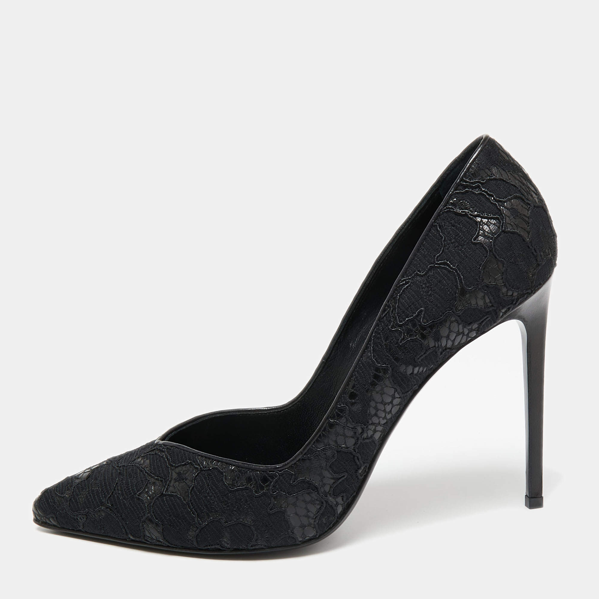 Saint Laurent Black Lace And Leather Pointed Toe Pumps Size 40