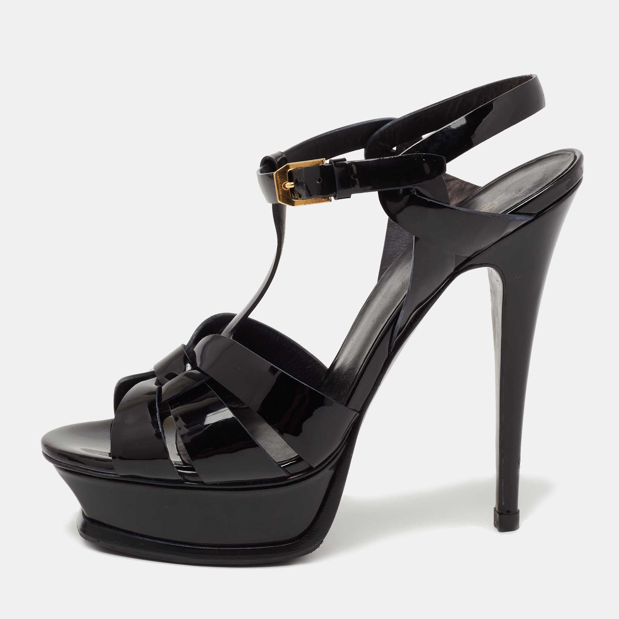 Saint Laurent Black Patent Leather Tribute Platform Ankle Strap Sandals Size 38