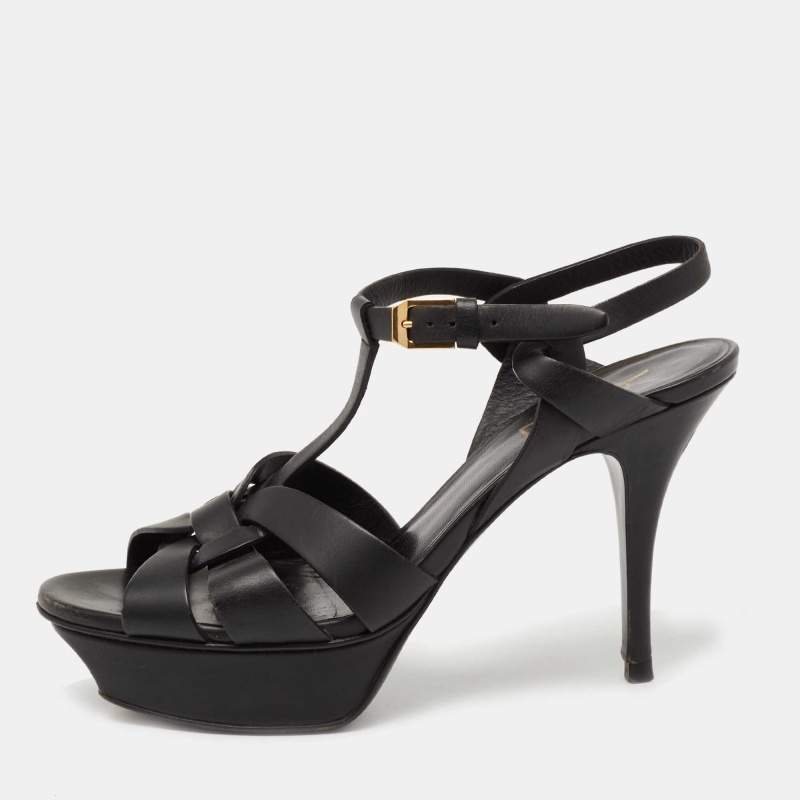Pre Owned Saint Laurent Black Leather Tribute Platform Sandals Size 37.5