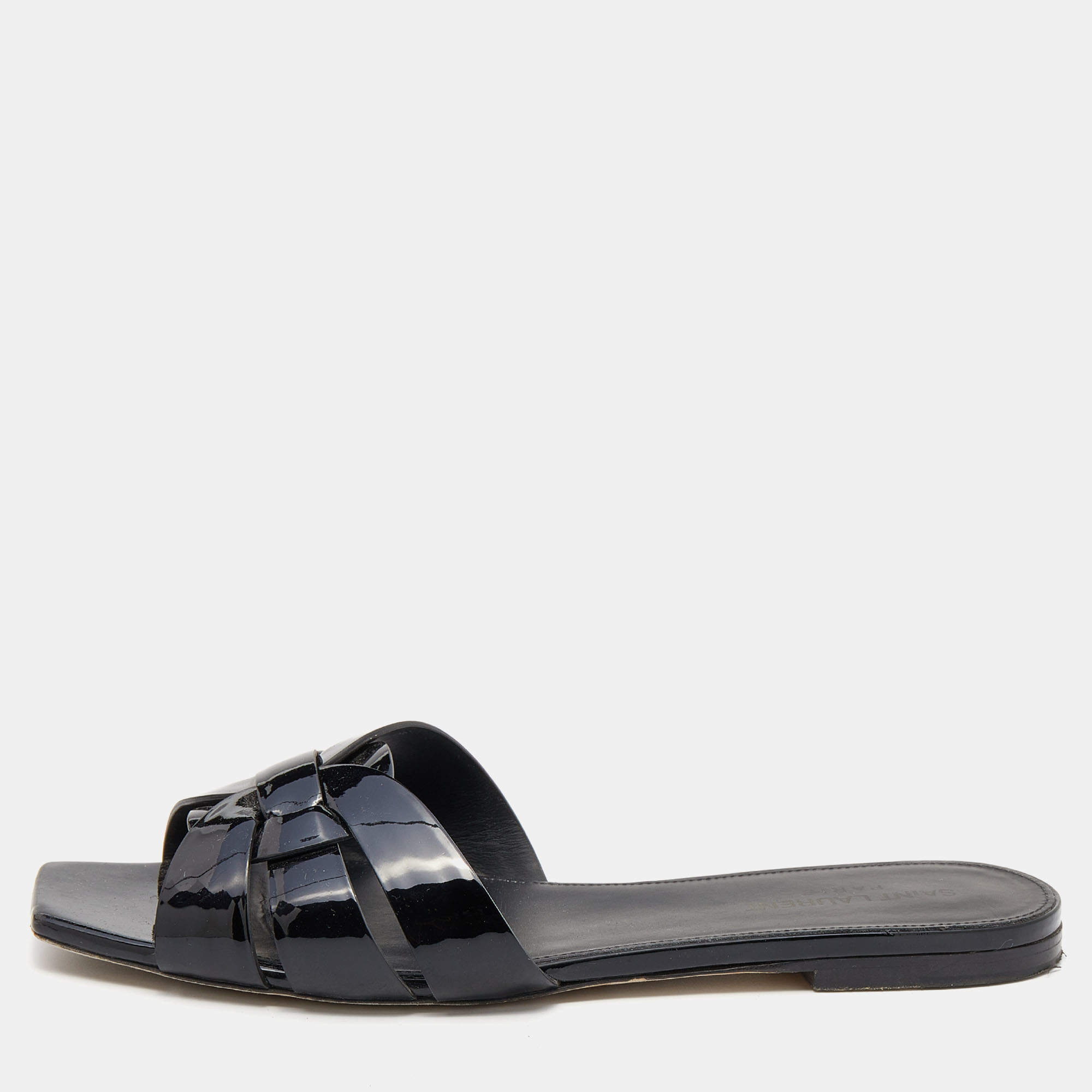 Saint Laurent Black Patent Leather Tribute Slide Sandals Size 39.5 ...