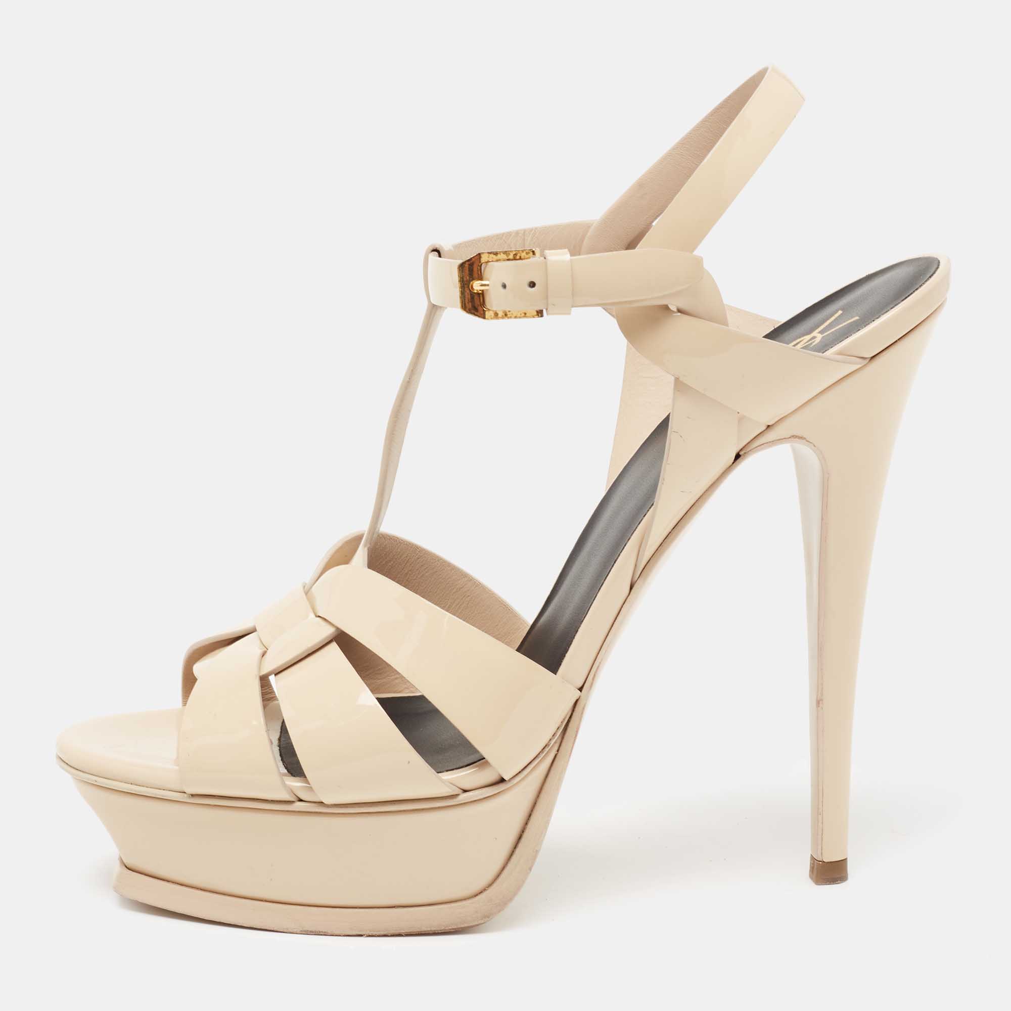 Pre Owned Saint Laurent Beige  Patent Leather Tribute Platform Sandals Size 40