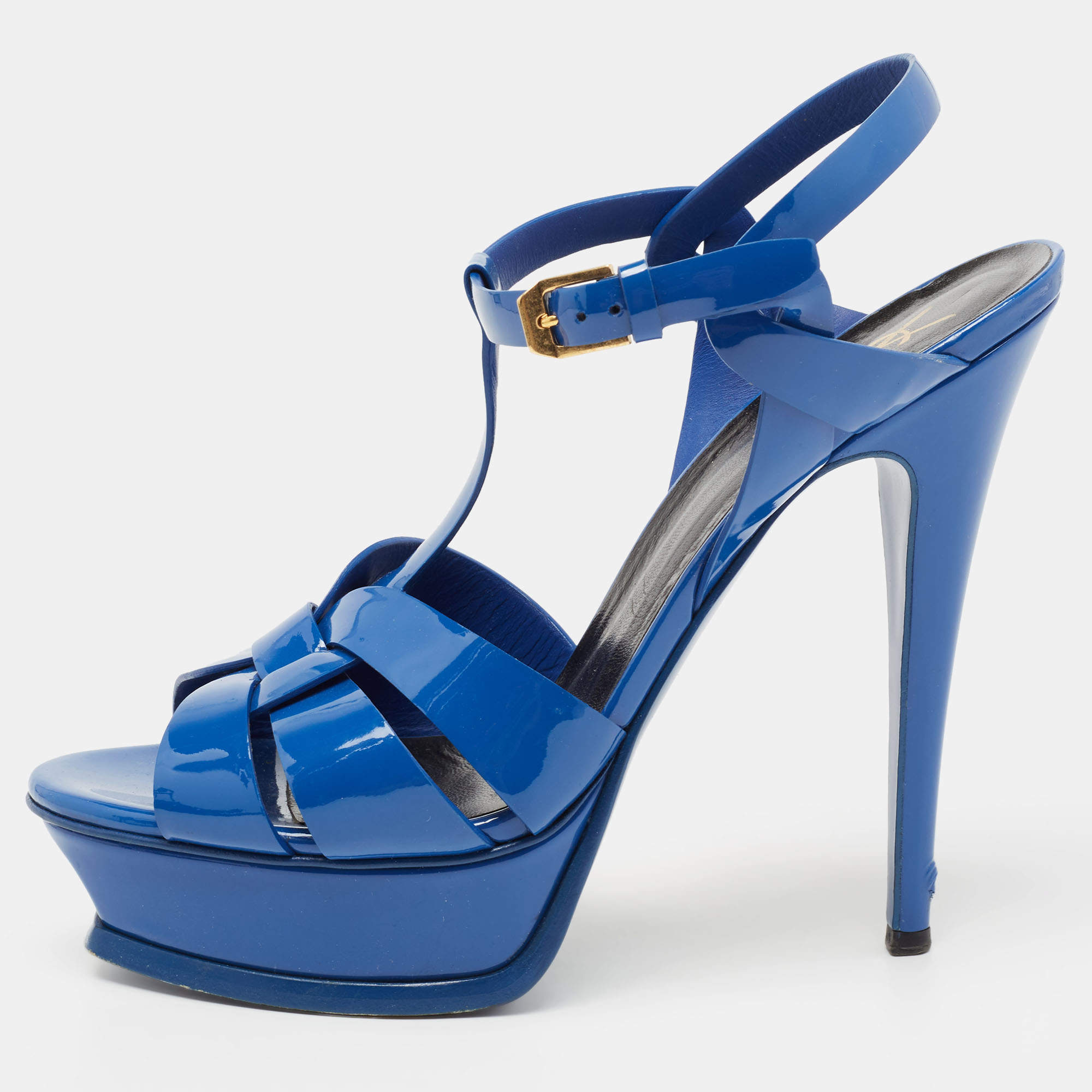 مملوكة مسبقًا Saint Laurent Blue Patent Leather Tribute Sandals Size 39