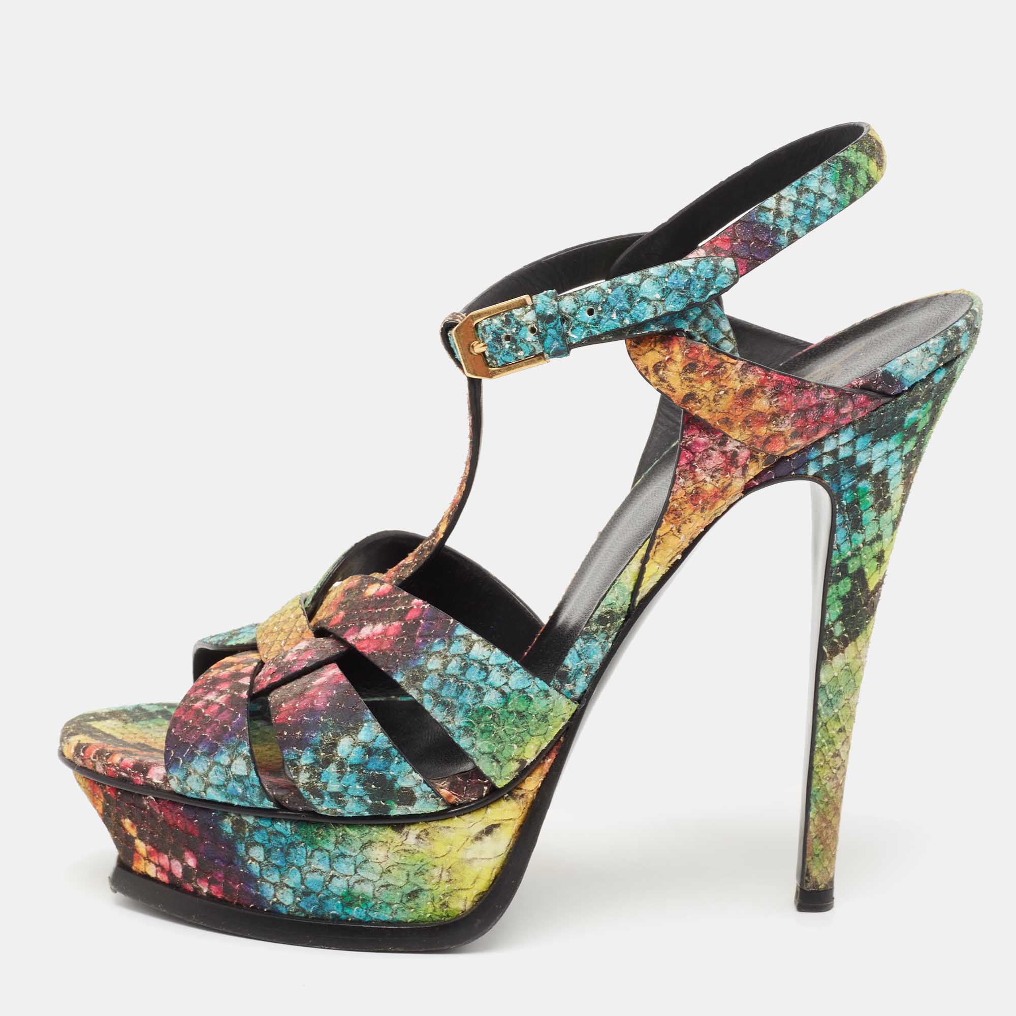 Saint Laurent Multicolor Python Embossed Leather Tribute Platform Sandals Size 39