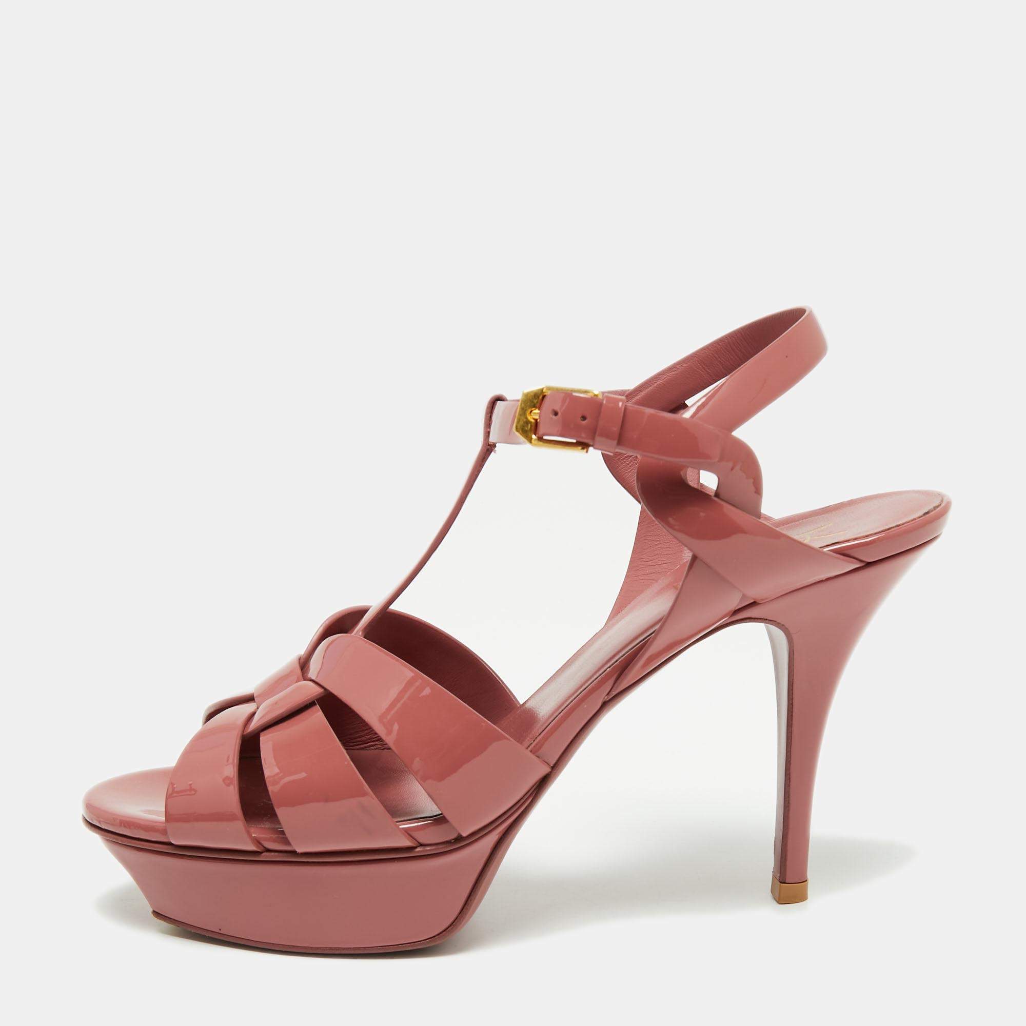 Pre Owned صندل سان لوران تربيوت جلد وردي لامع نعل سميك مقاس 39