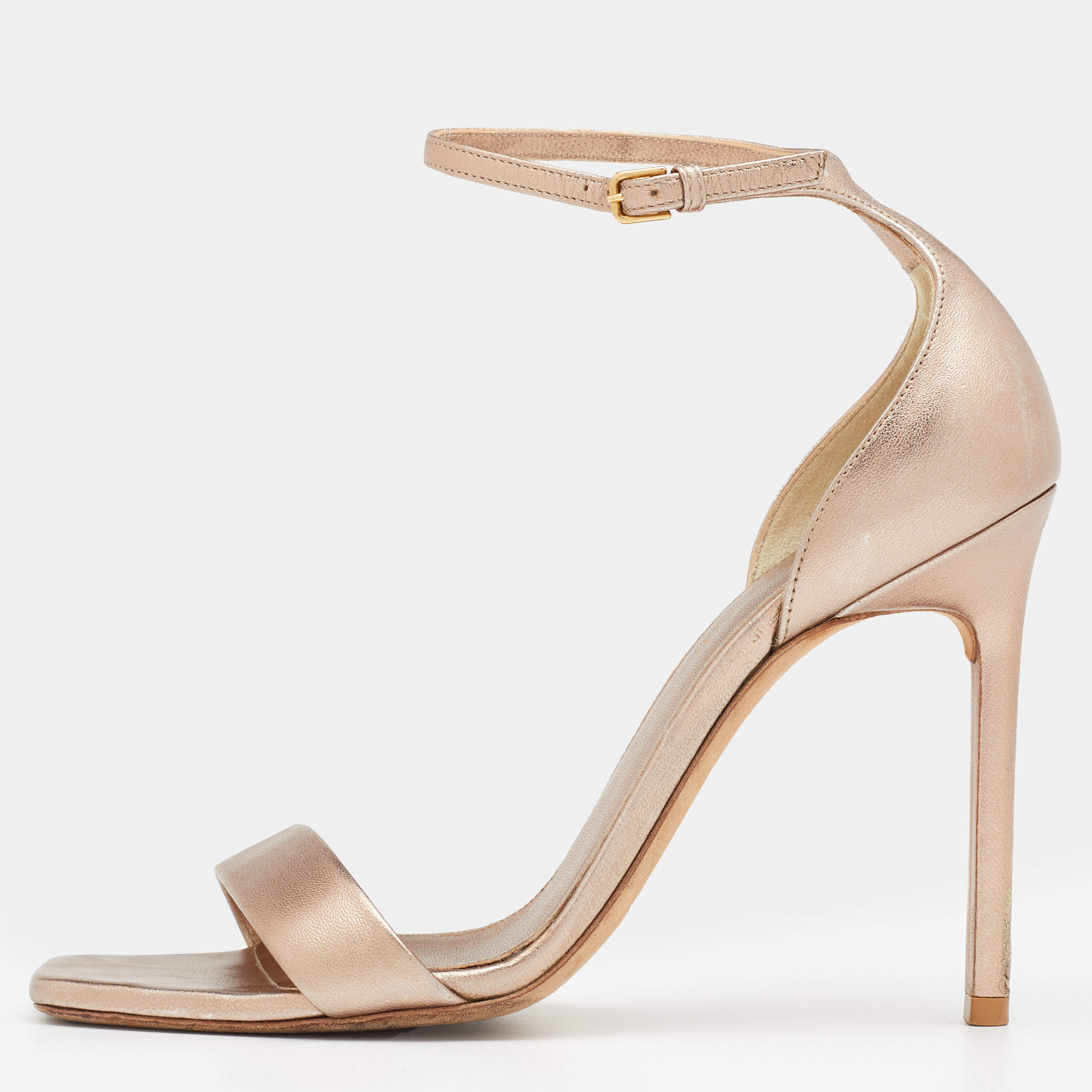 Pre Owned Saint Laurent Metallic Rose Gold Leather Amber Ankle Strap Open Toe Sandals Size 37