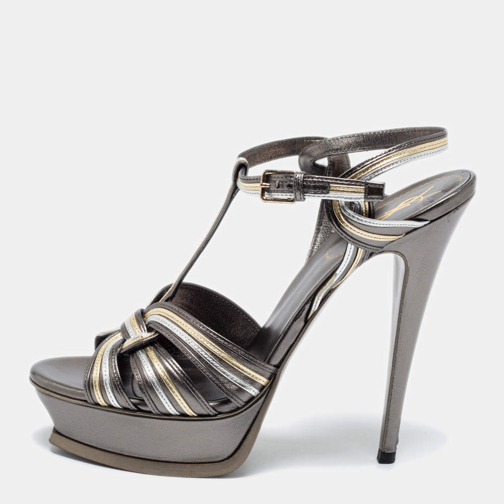 Pre Owned Saint Laurent Metallic Tricolor Leather Tribute Platform Ankle Strap Sandals Size 41
