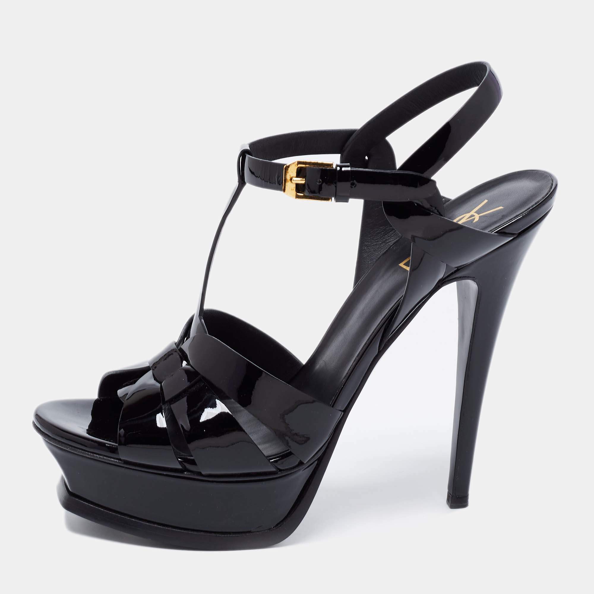 Pre Owned Saint Laurent Black Patent Leather Tribute Platform Sandals Size 38.5