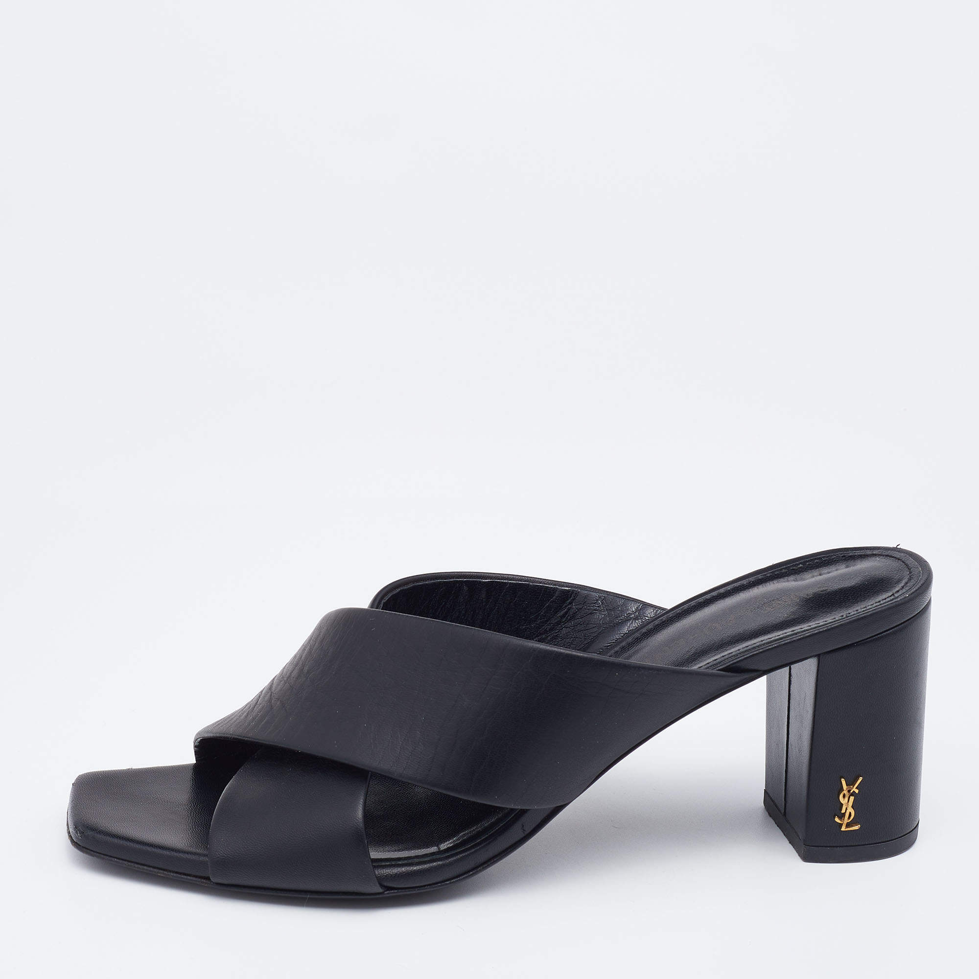Pre Owned Saint Laurent Black Leather Lou Lou Criss Cross Slide Sandals Size 38