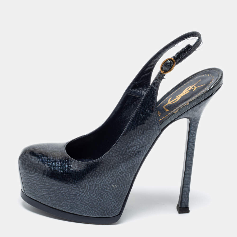 Pre Owned Saint Laurent Dark Blue Textured Patent Leather Tribtoo Slingback Pumps Size 37