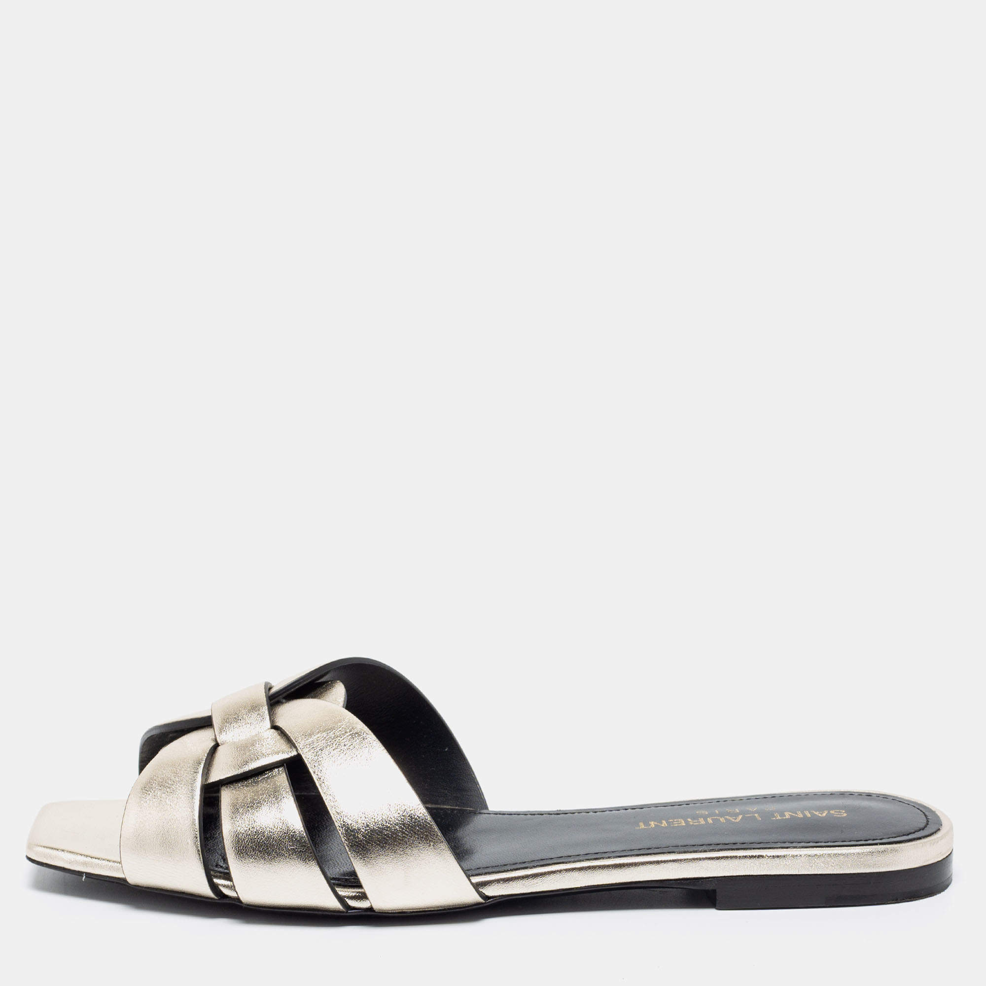 Pre Owned Saint Laurent Dull Gold Leather Tribute Flat Slides Size 36.5
