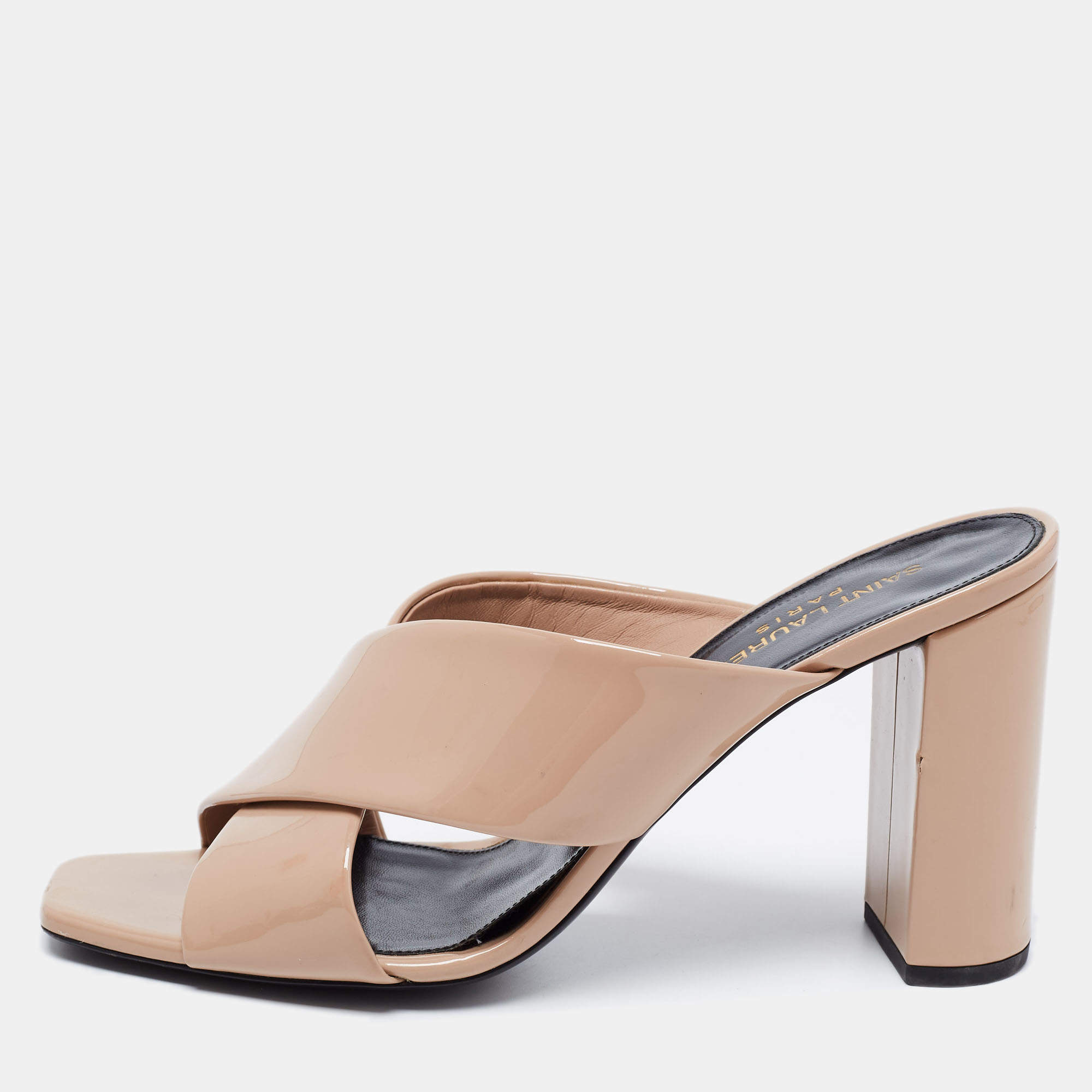 Pre Owned Saint Laurent Beige Patent Leather Lou Lou Mules Size 39