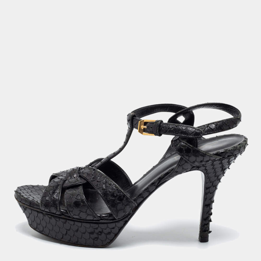 Saint Laurent Black Python Embossed Leather Tribute  Platform  Sandals Size 38