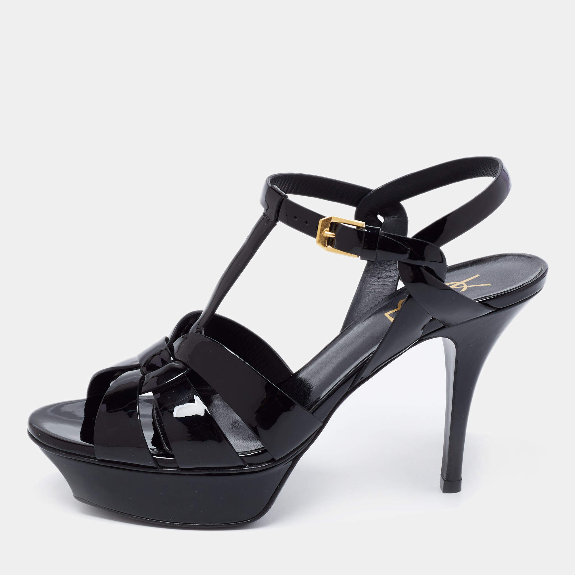 Pre Owned Saint Laurent Black Patent Leather Tribute Platform Ankle Strap Sandals Size 38