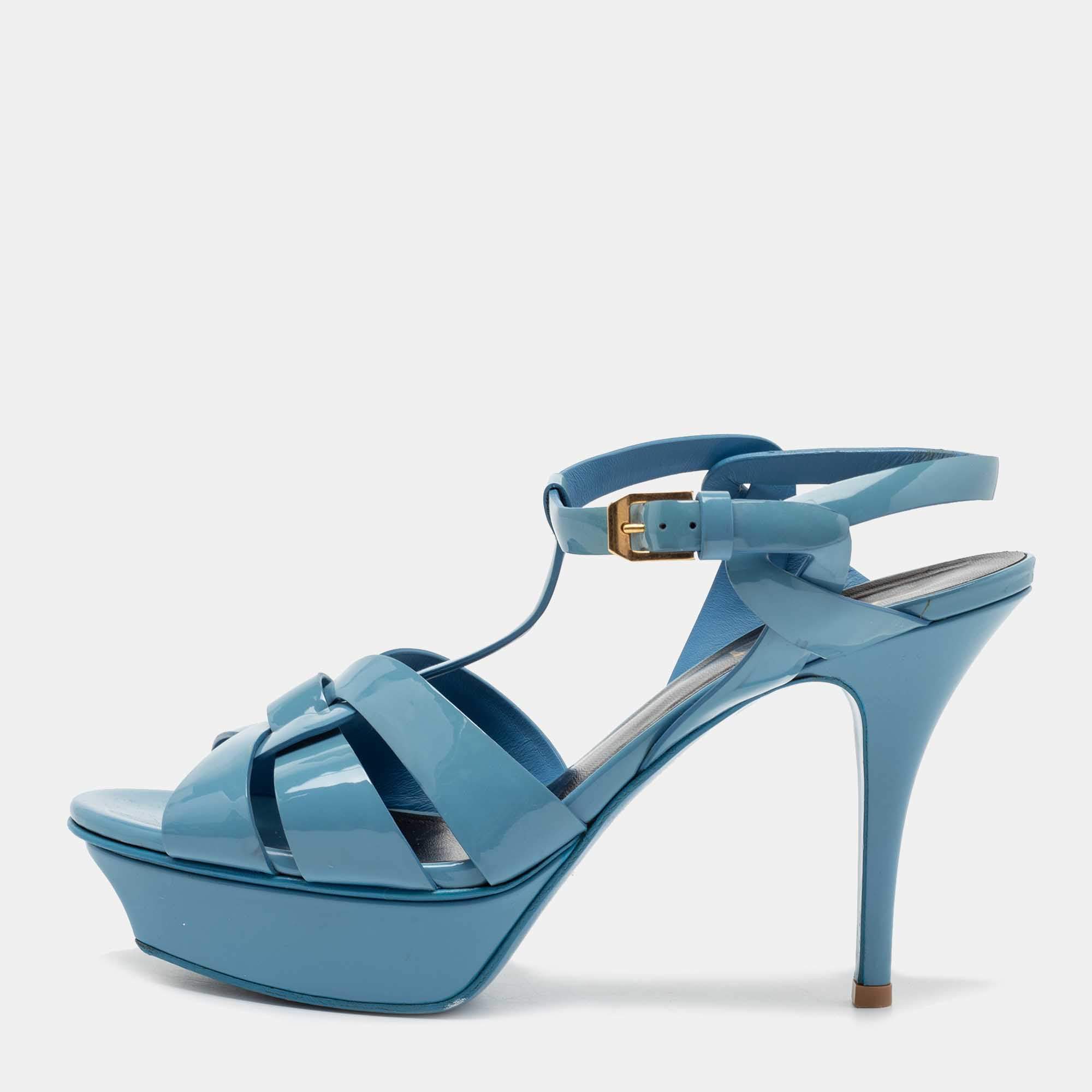Saint Laurent Light Blue Patent Leather Tribute Platform Sandals Size 38
