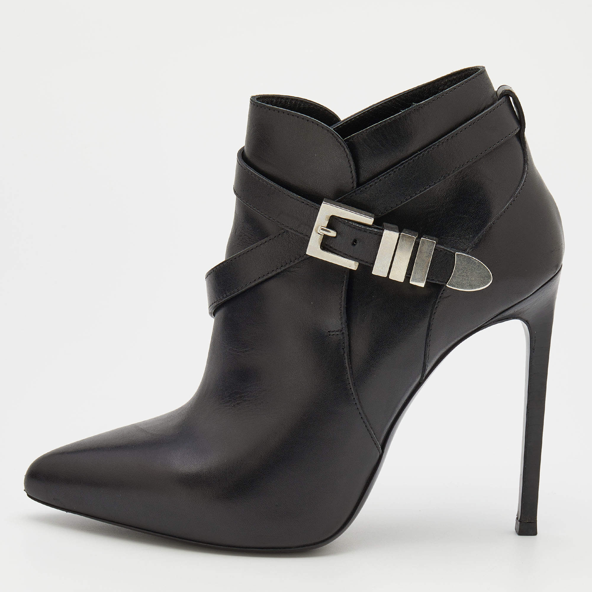Pre Owned Saint Laurent Black Leather Pointed Toe Booties Size 38