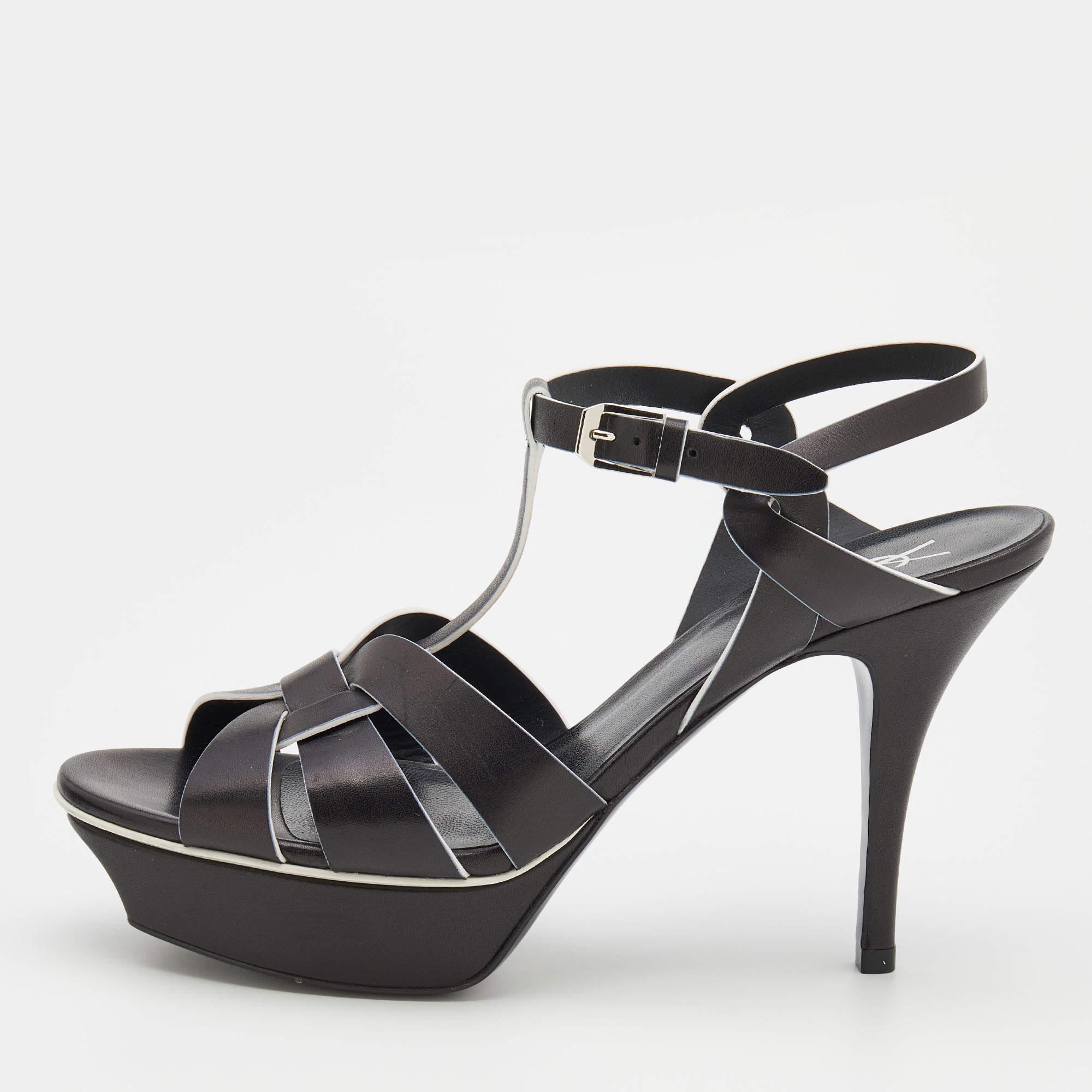 Pre Owned Saint Laurent Black/White Leather Tribute Platform Sandals Size 39