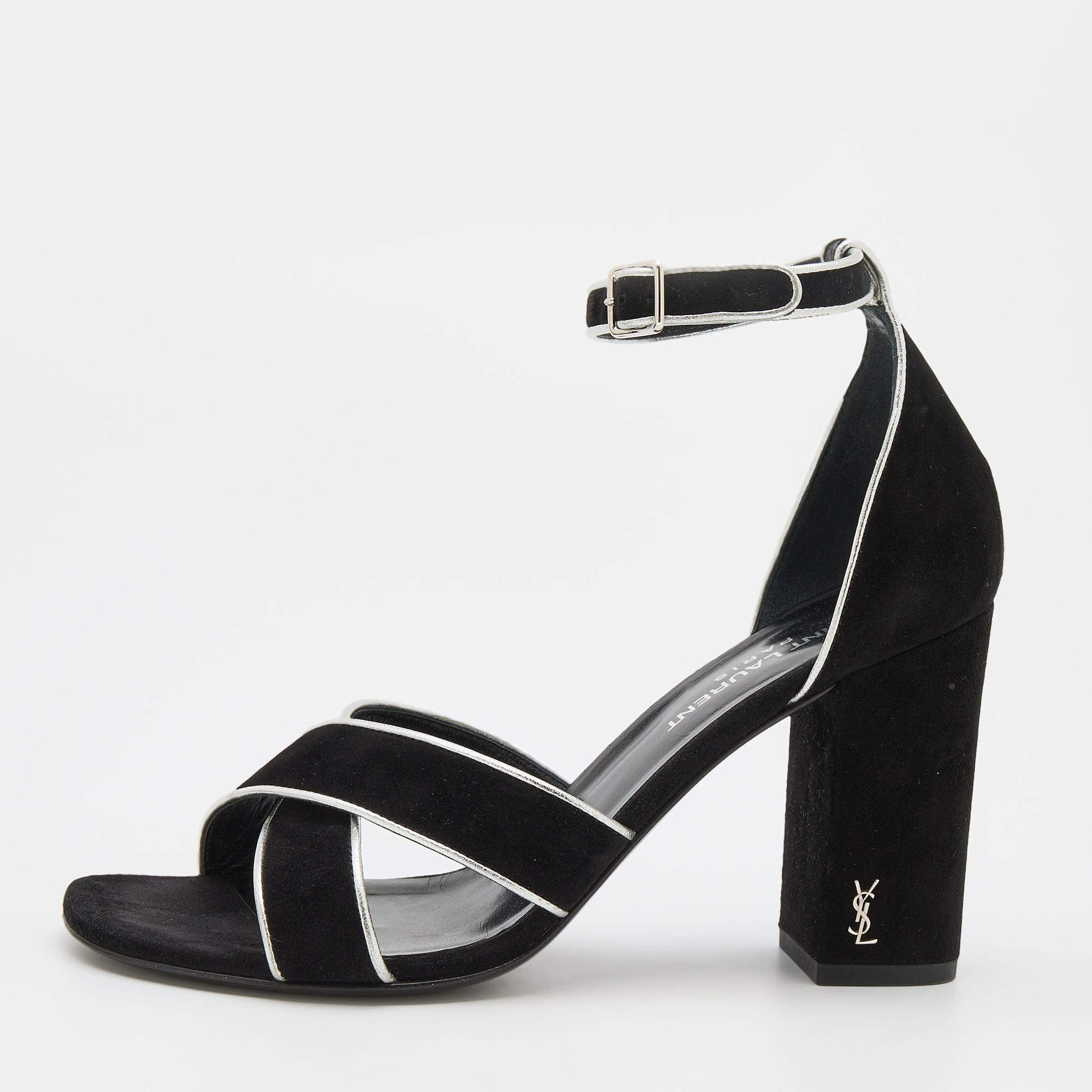 Saint Laurent Black/Silver Suede and Leather Ankle Strap Sandals Size 37.5
