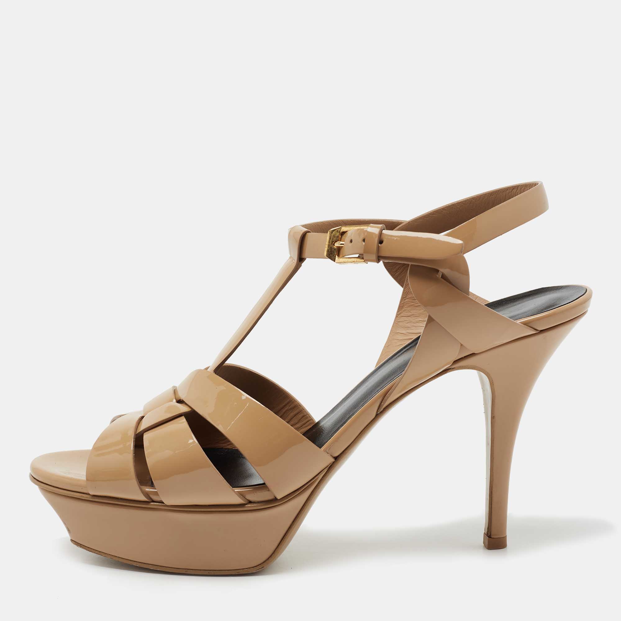 Pre Owned Saint Laurent Beige Patent Leather Tribute Sandals Size 39