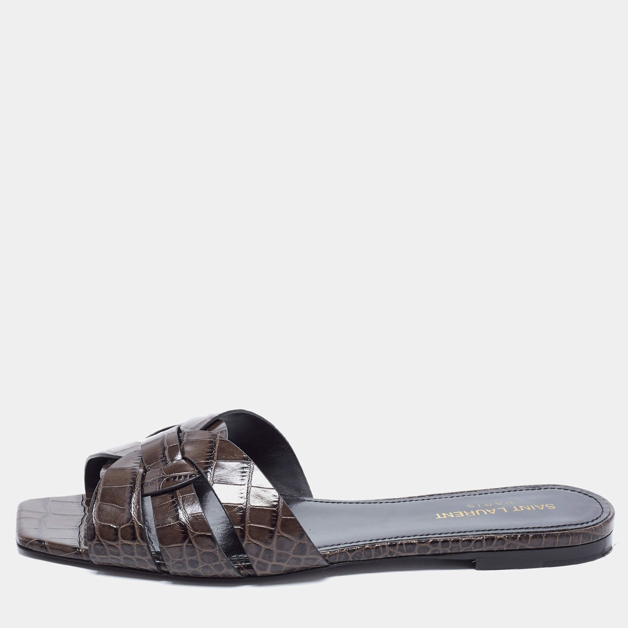 مملوكة مسبقًا Saint Laurent Brown/Black Croc Embossed Leather Tribute Flats Size 40