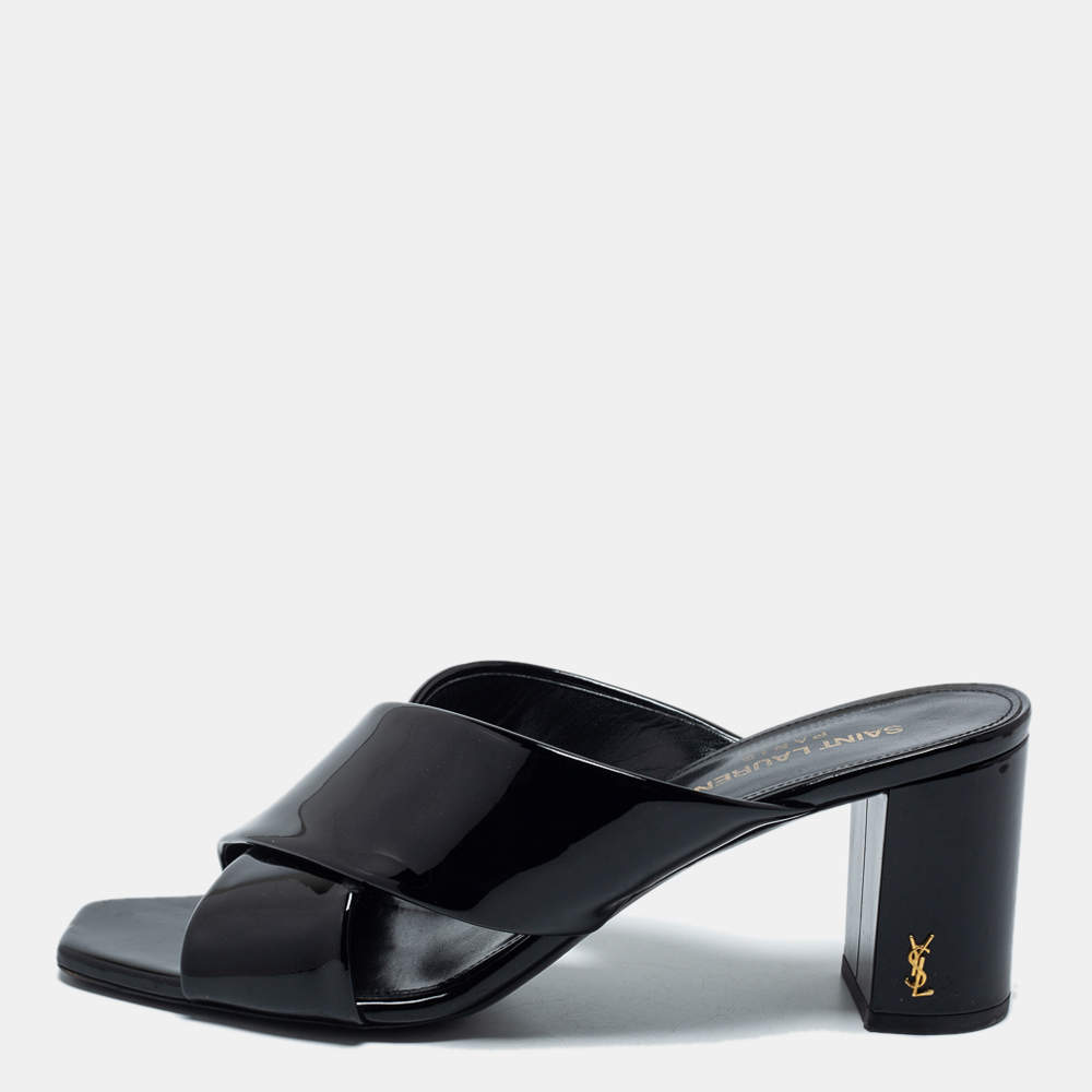 Pre Owned Saint Laurent Black Patent Leather Loulou Slide Sandals Size 38.5