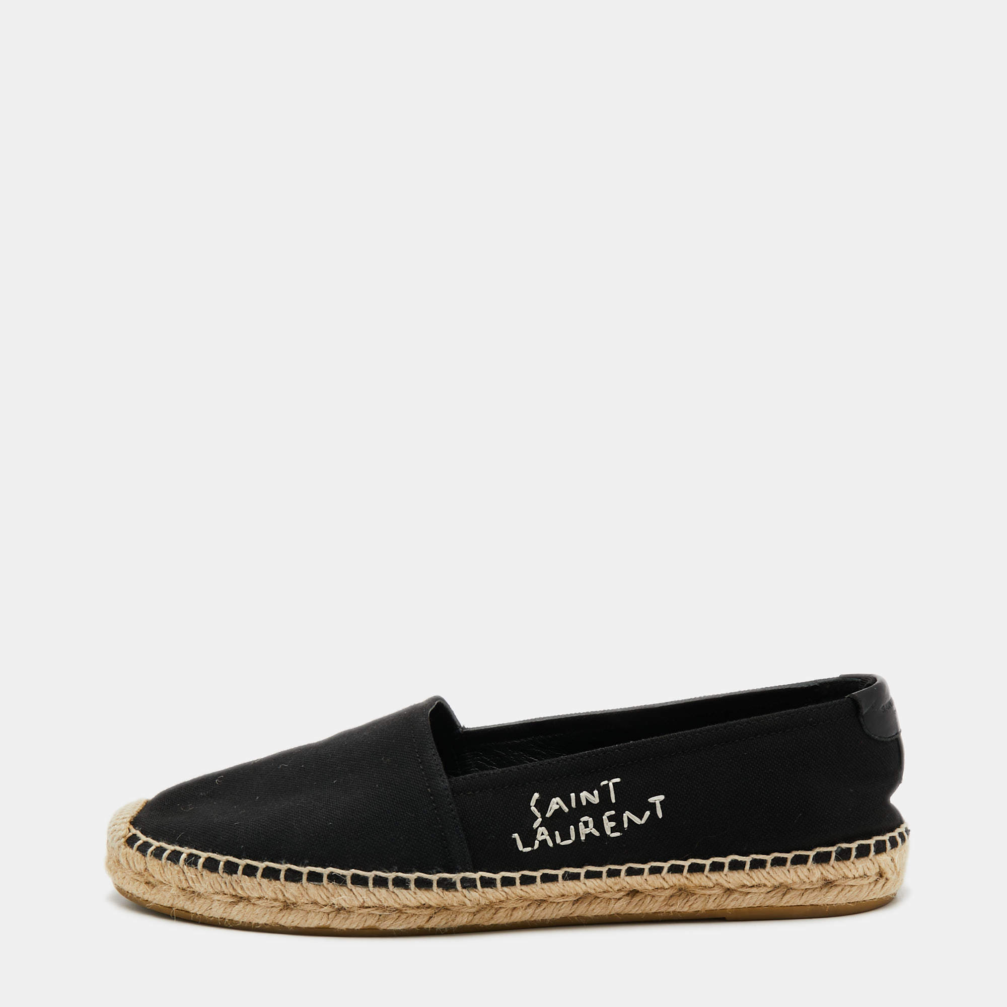 Saint Laurent Black Canvas Embroidered Logo Espadrille Flats