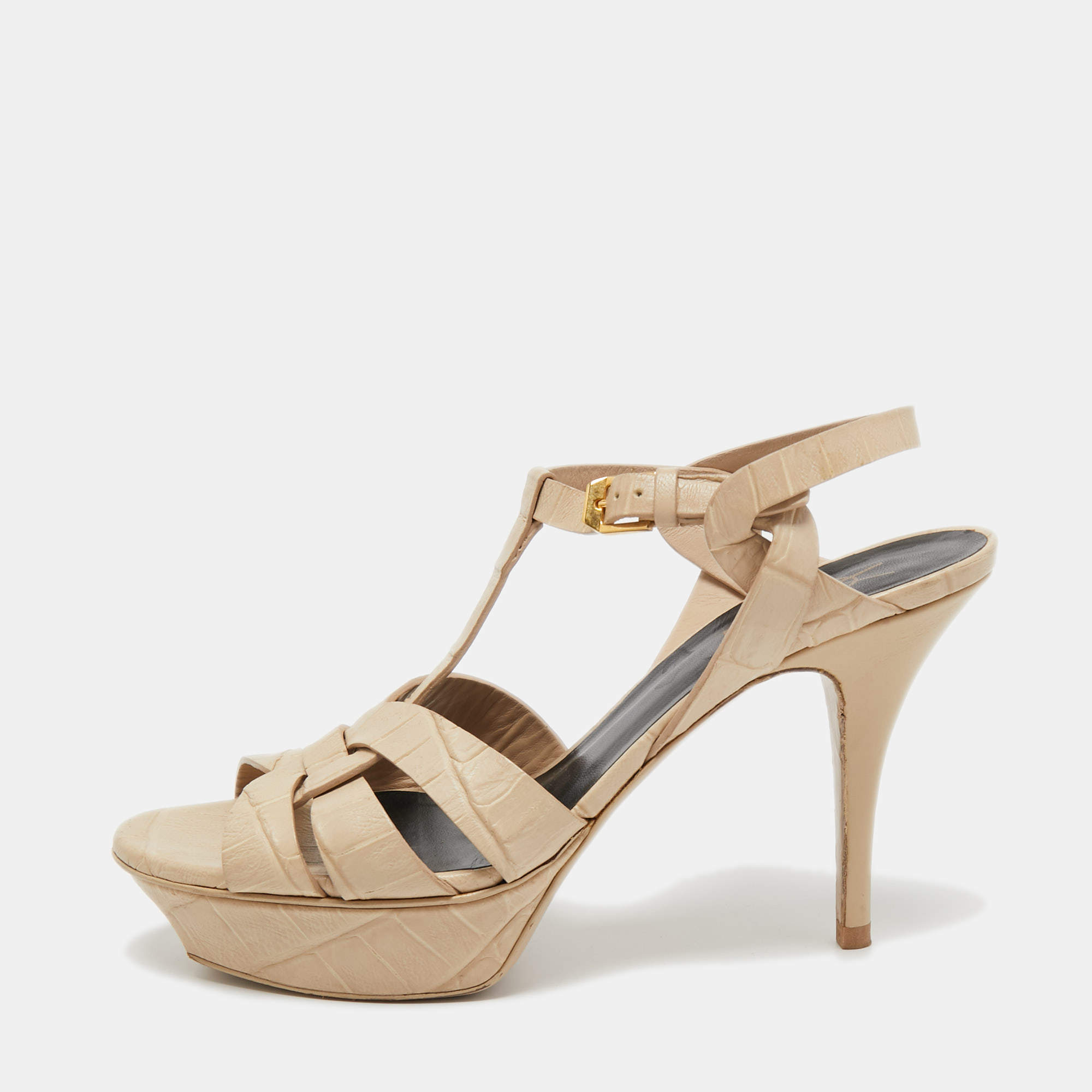 Pre Owned Saint Laurent Paris Cream Croc Embossed Leather Tribute  Sandals Size 39