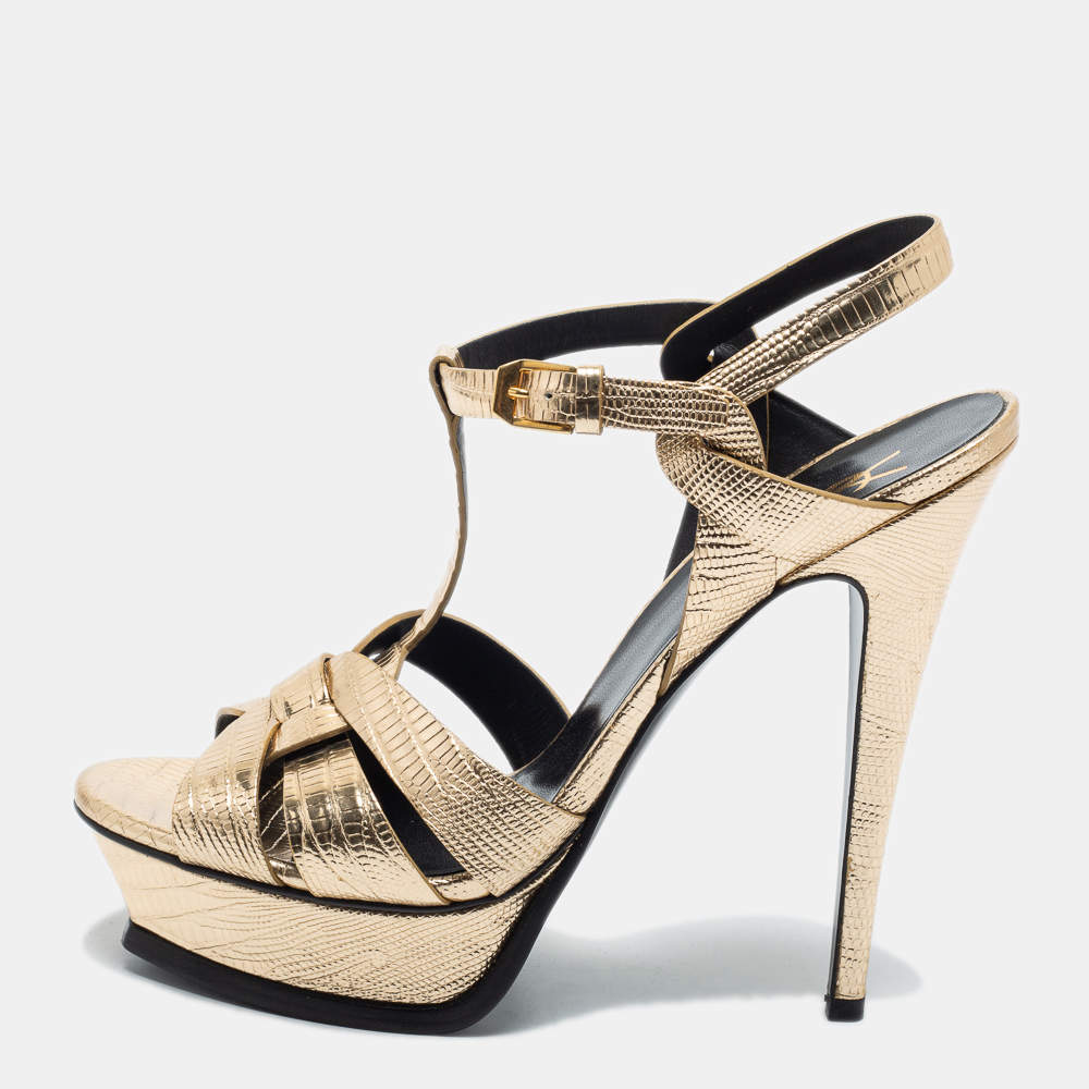 Pre Owned Saint Laurent Gold Lizard Embossed Leather Tribute Sandals Size 40