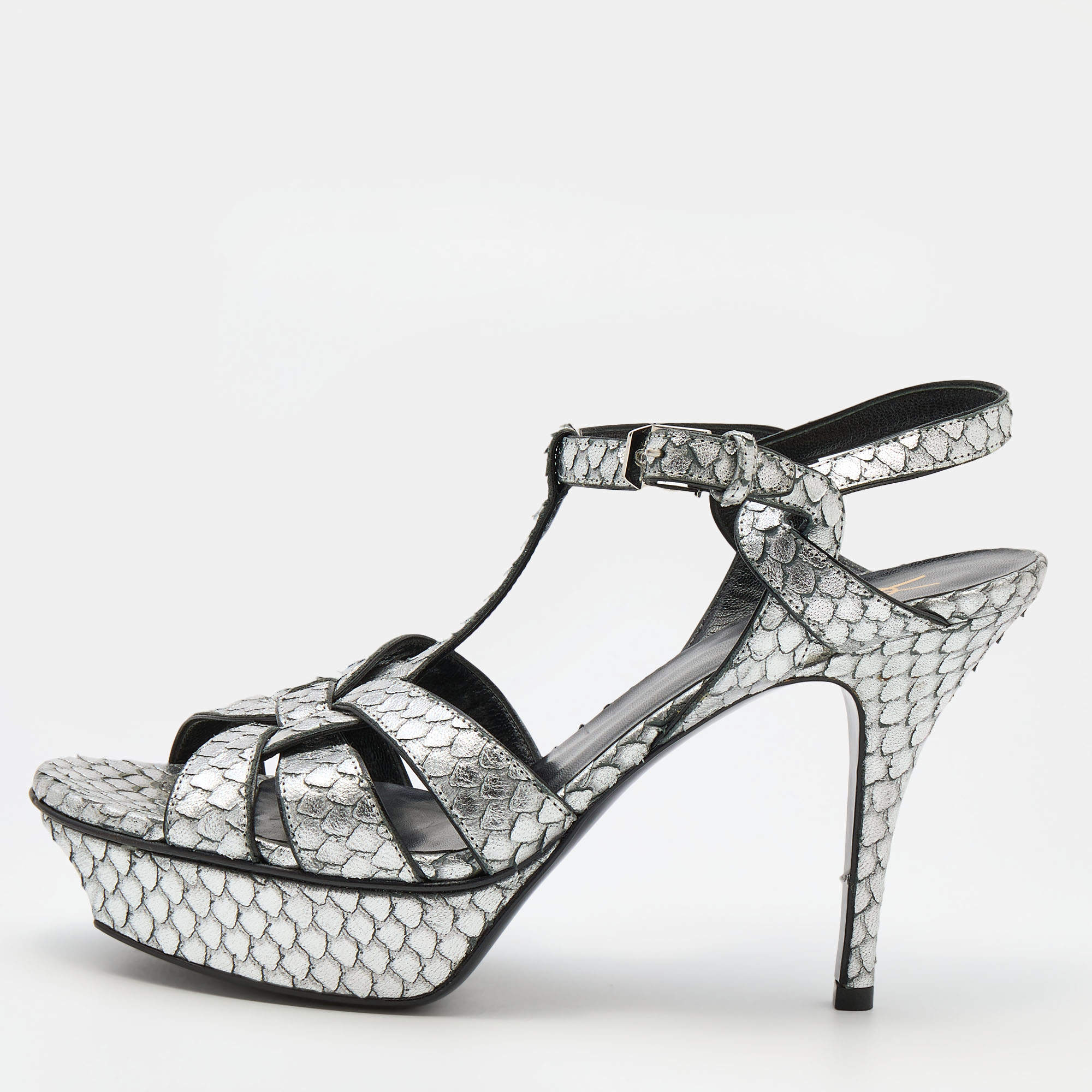 مملوكة مسبقًا Saint Laurent Silver Python Embossed Leather Tribute Sandals Size 38.5