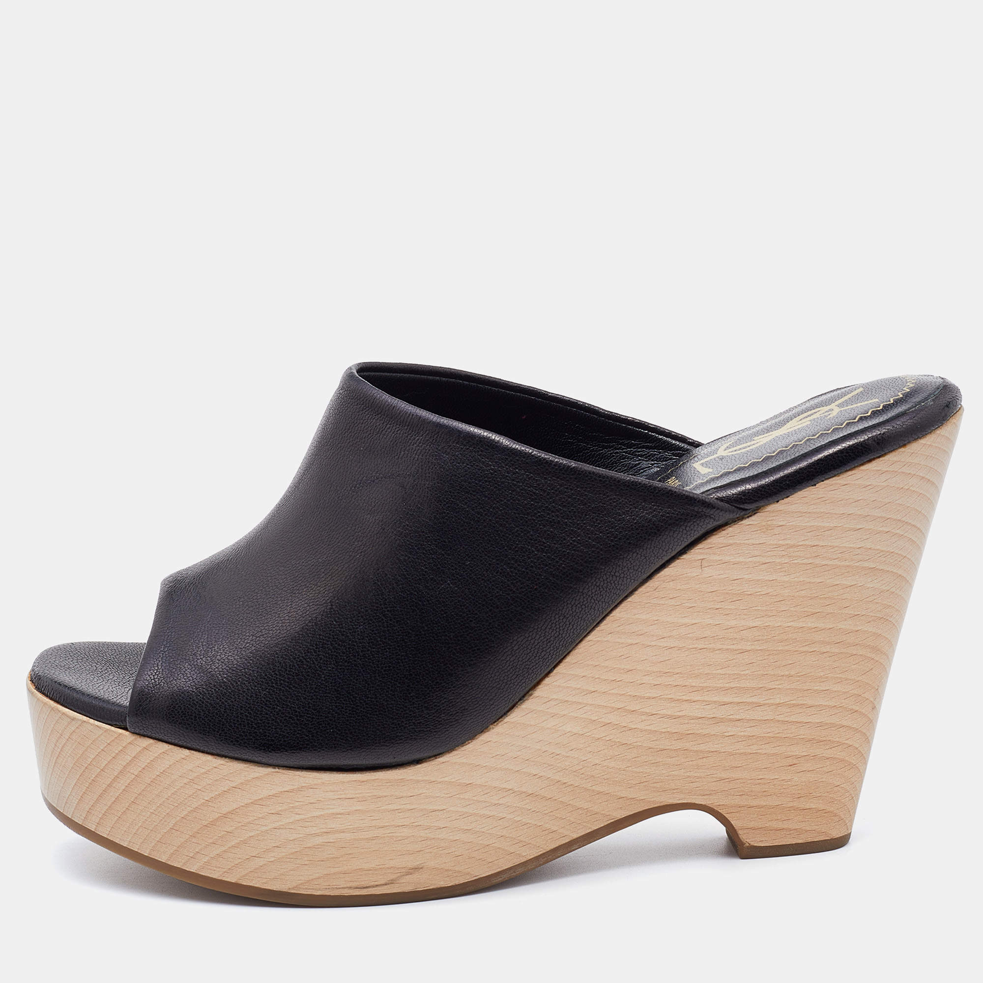 Saint Laurent Black Leather Platform Slide Wedge Sandals Size 37
