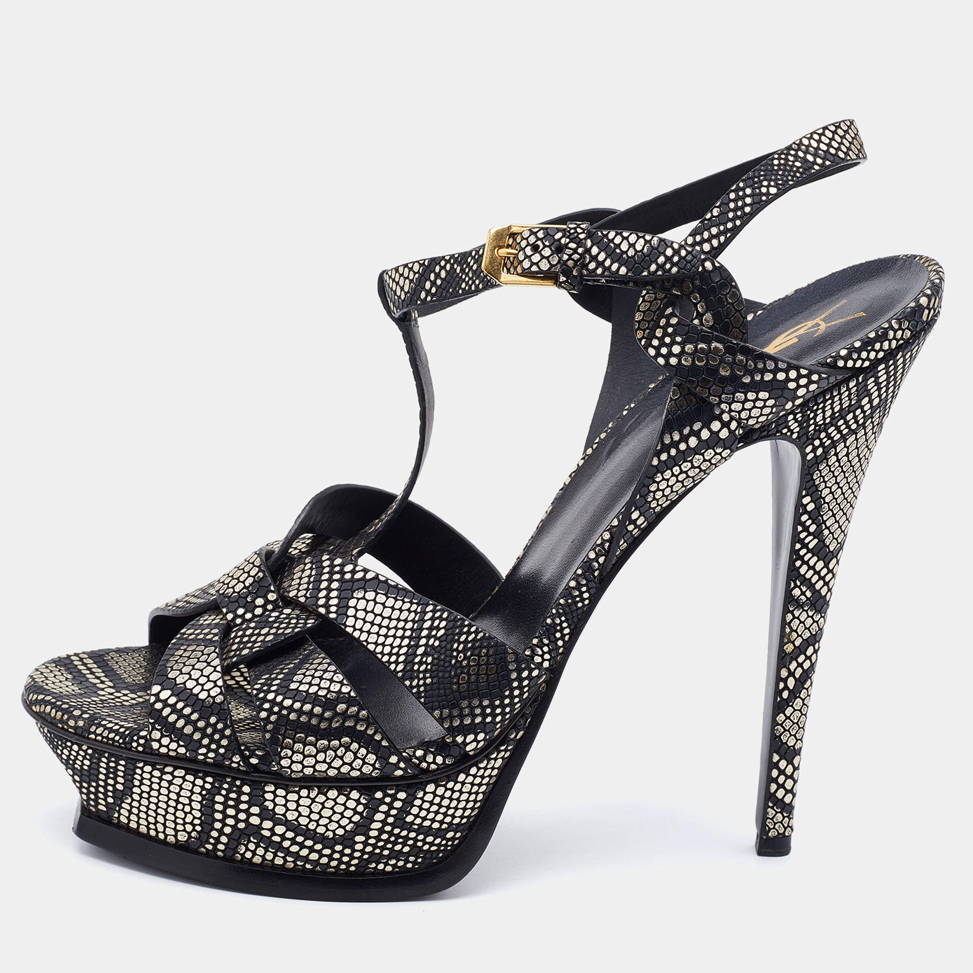 Pre Owned Saint Laurent Black/Gold Python Print Textured Leather Tribute Sandals Size 41