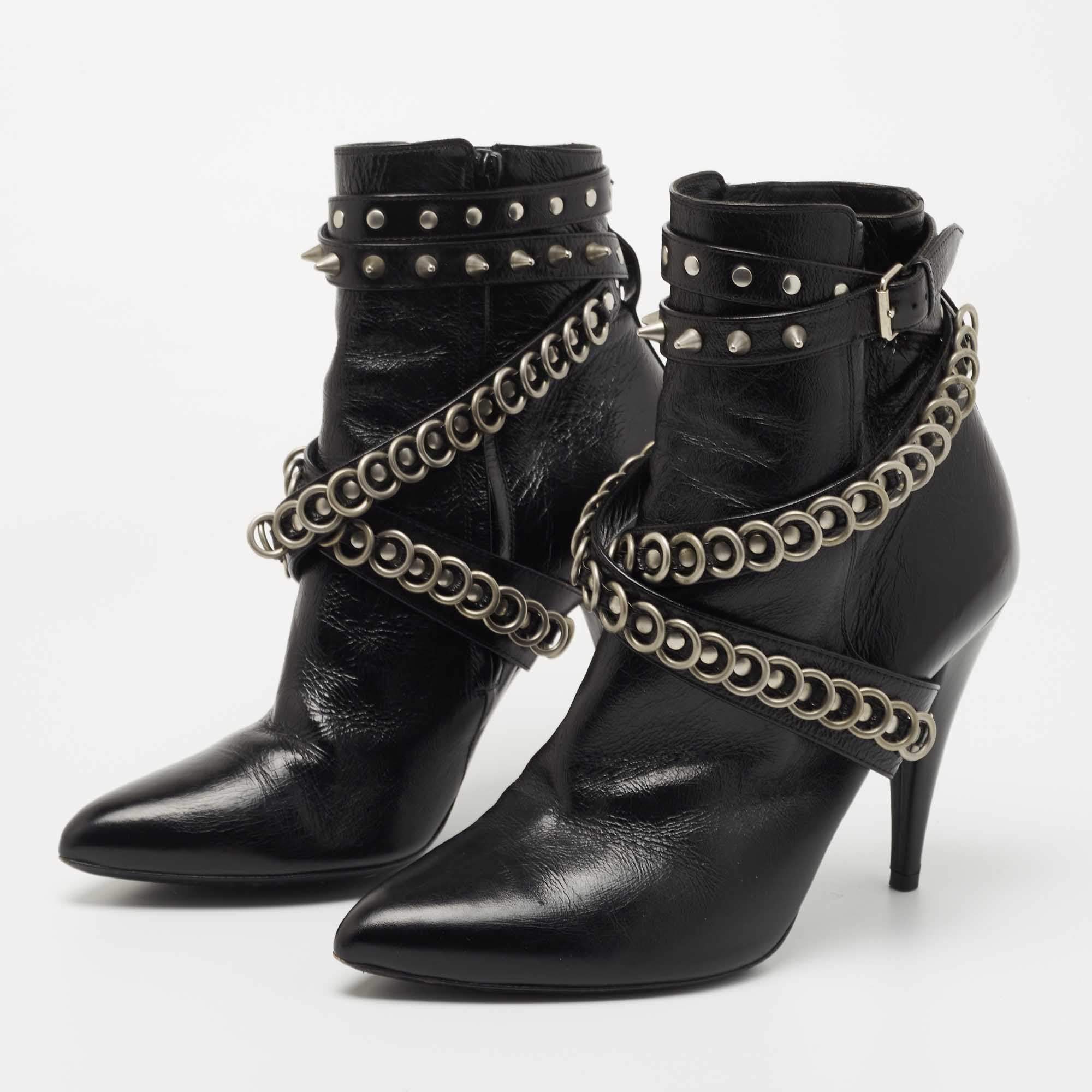 Saint Laurent Black Leather Studded Fetish Ankle Booties Size 38.5