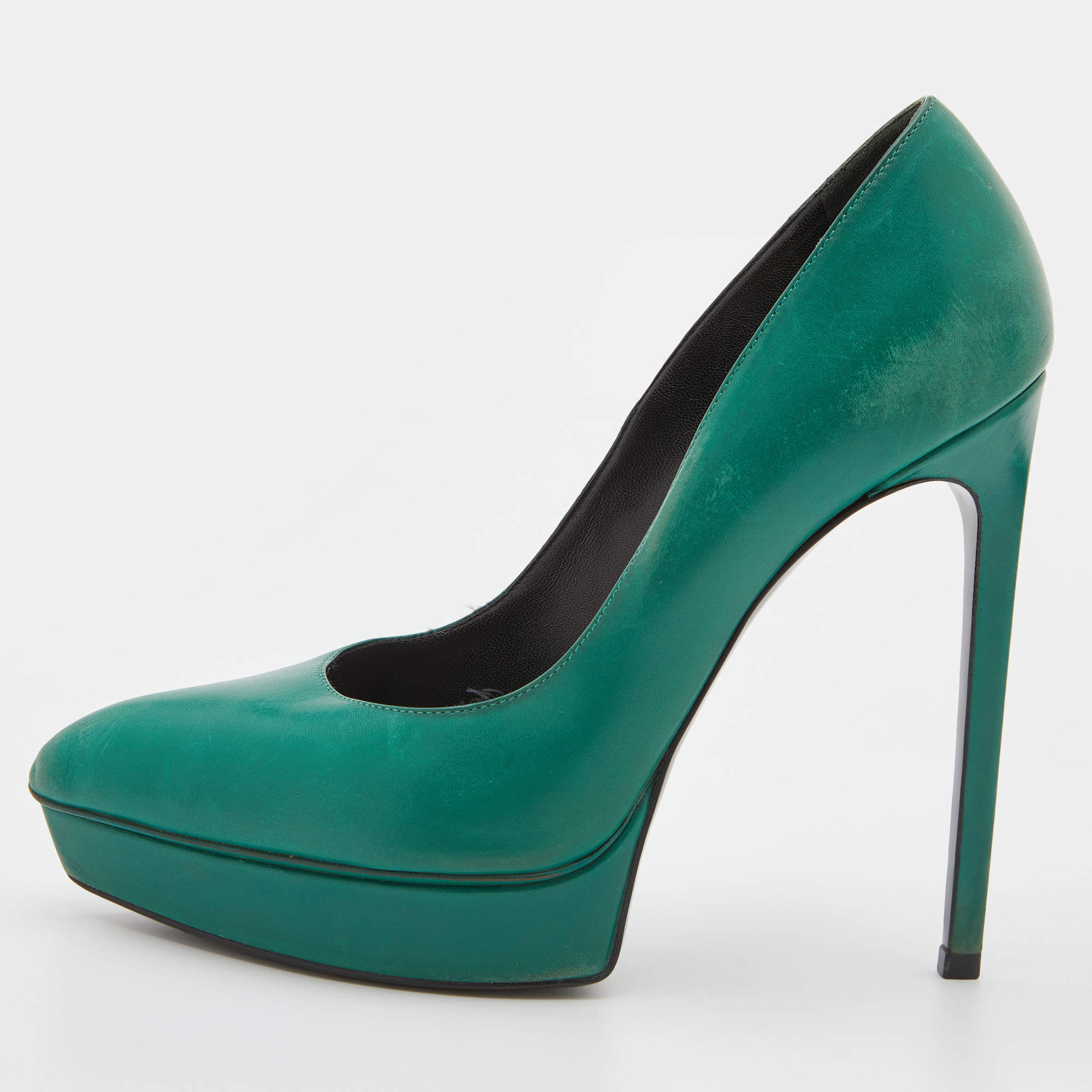 Saint Laurent Green Leather Classic Janis Platform Pumps Size 38