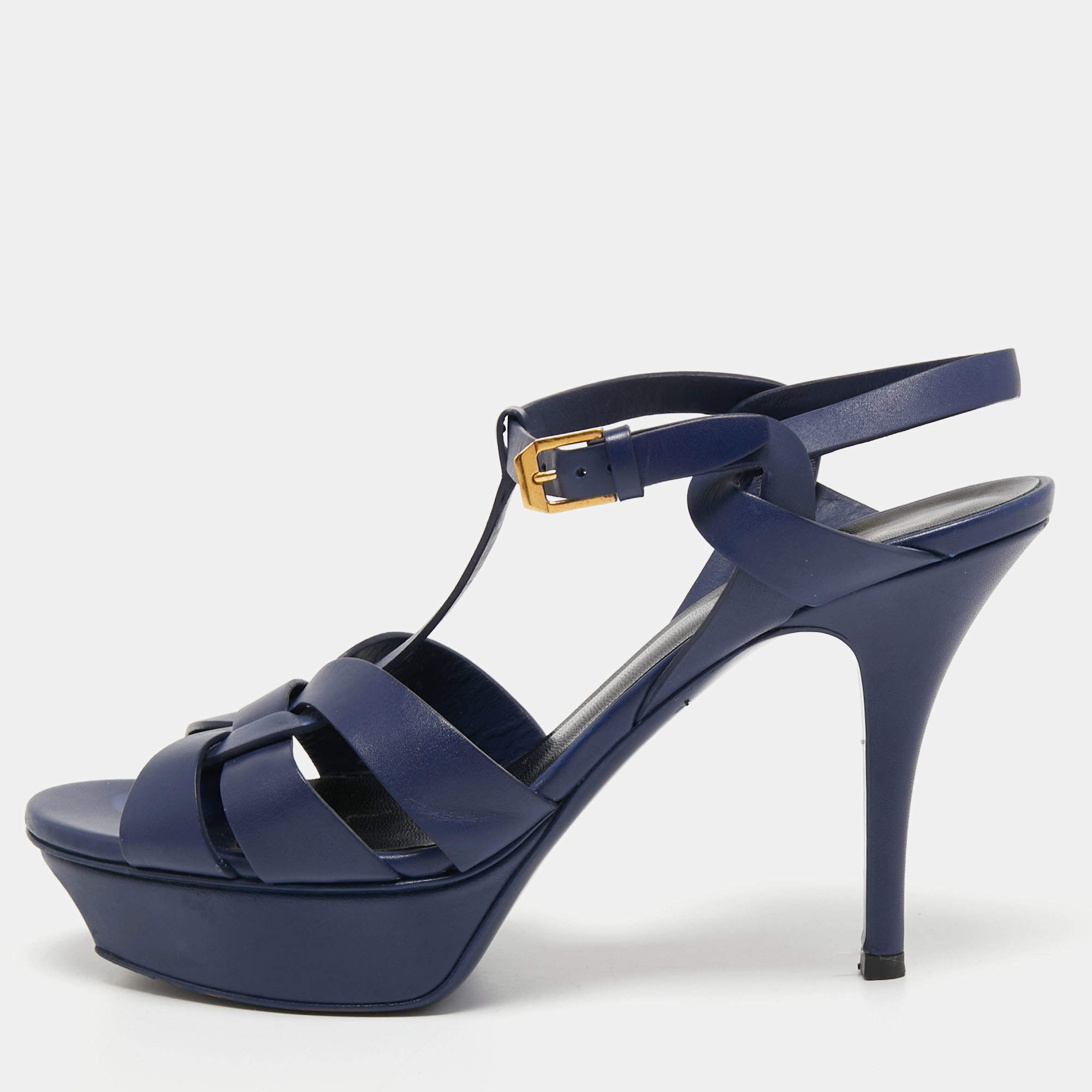 Saint Laurent Navy Blue Leather Tribute Sandals Size 38