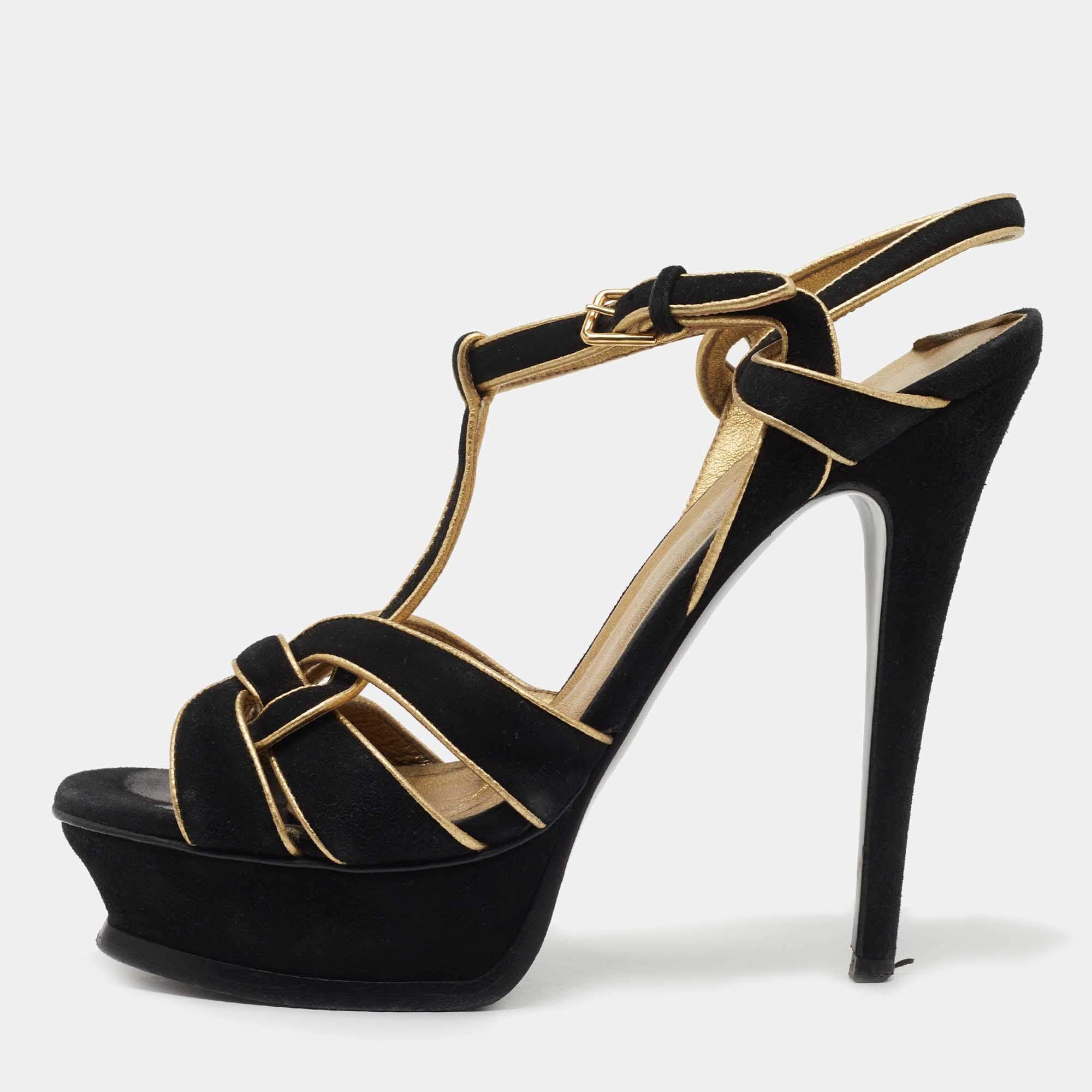 Pre Owned Saint Laurent Black/Gold Suede Tribute Sandals Size 37.5