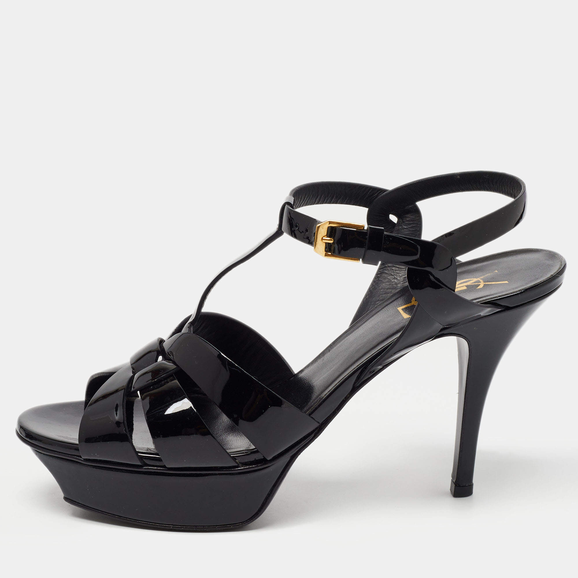 Pre Owned Saint Laurent Paris Black Patent Leather Tribute Sandals Size 38.5