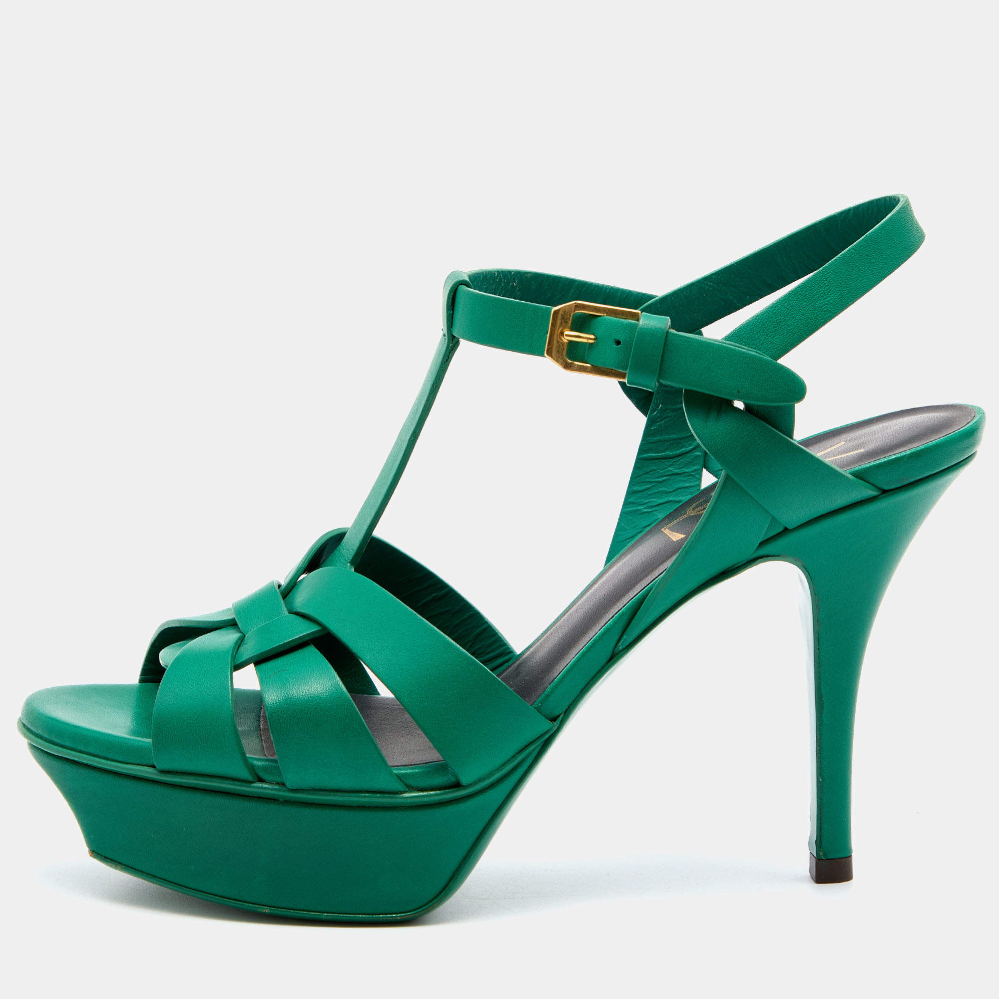 Saint Laurent Green Leather Tribute Platform Sandals Size 36