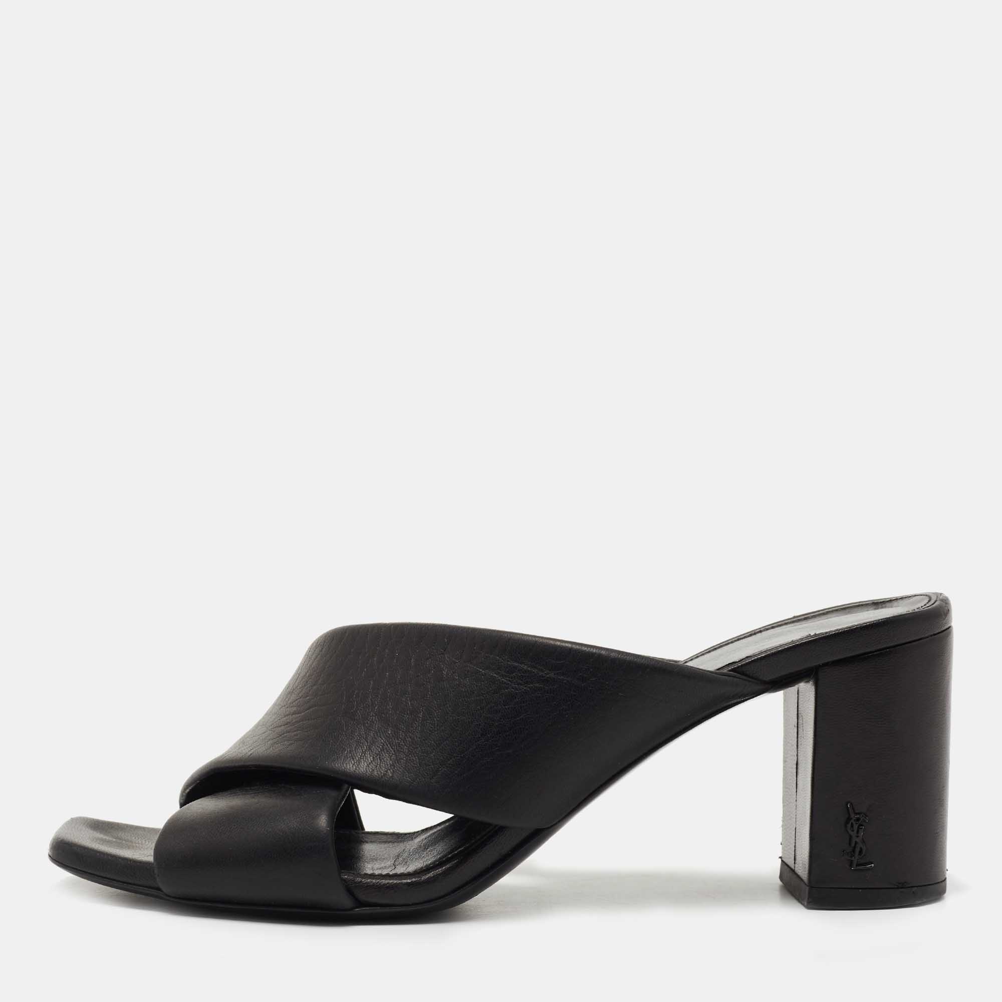 Pre Owned Saint Laurent Black leather Loulou Slide Sandals Size 35.5