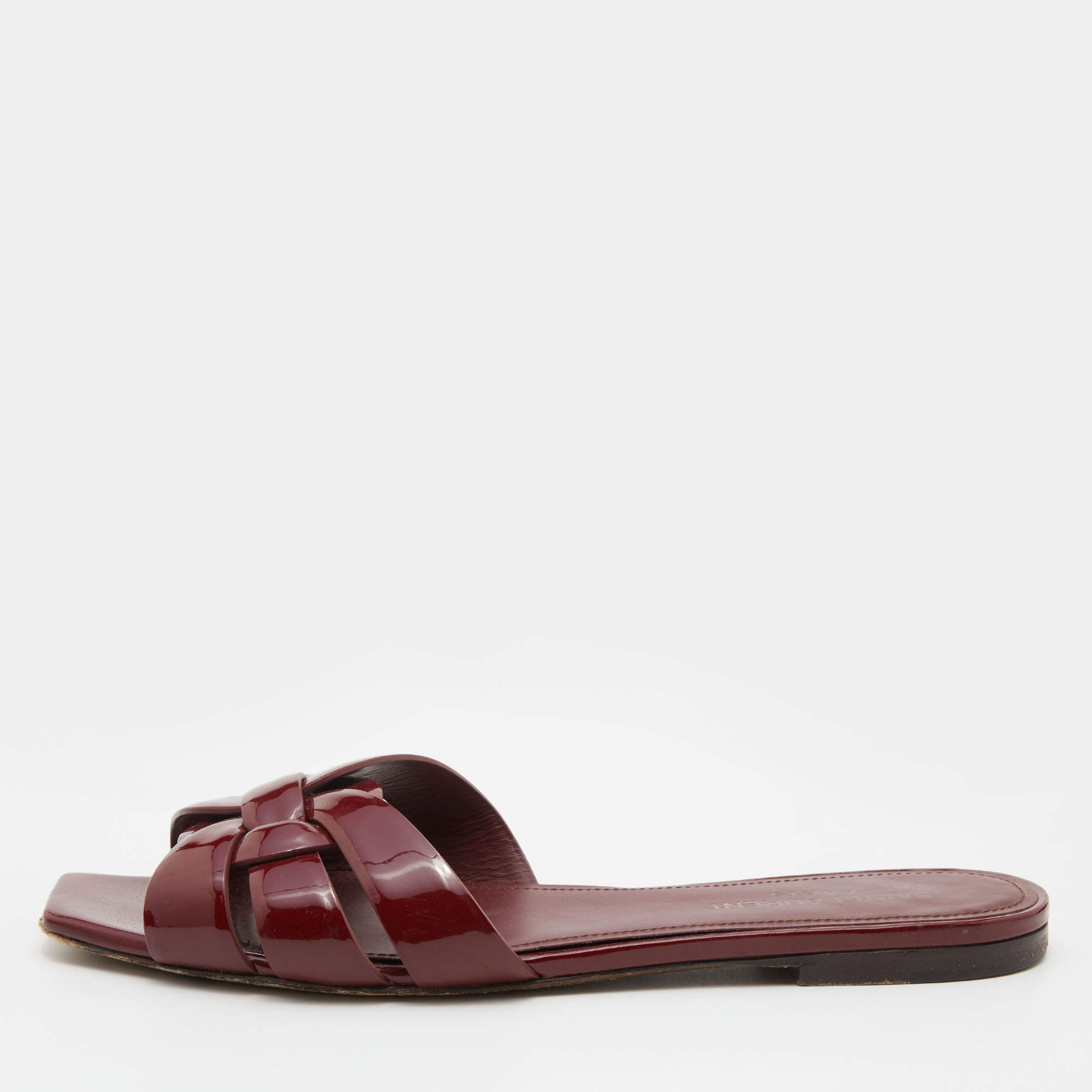 Saint Laurent Burgundy Patent Leather Tribute Flat Slides Size 37.5
