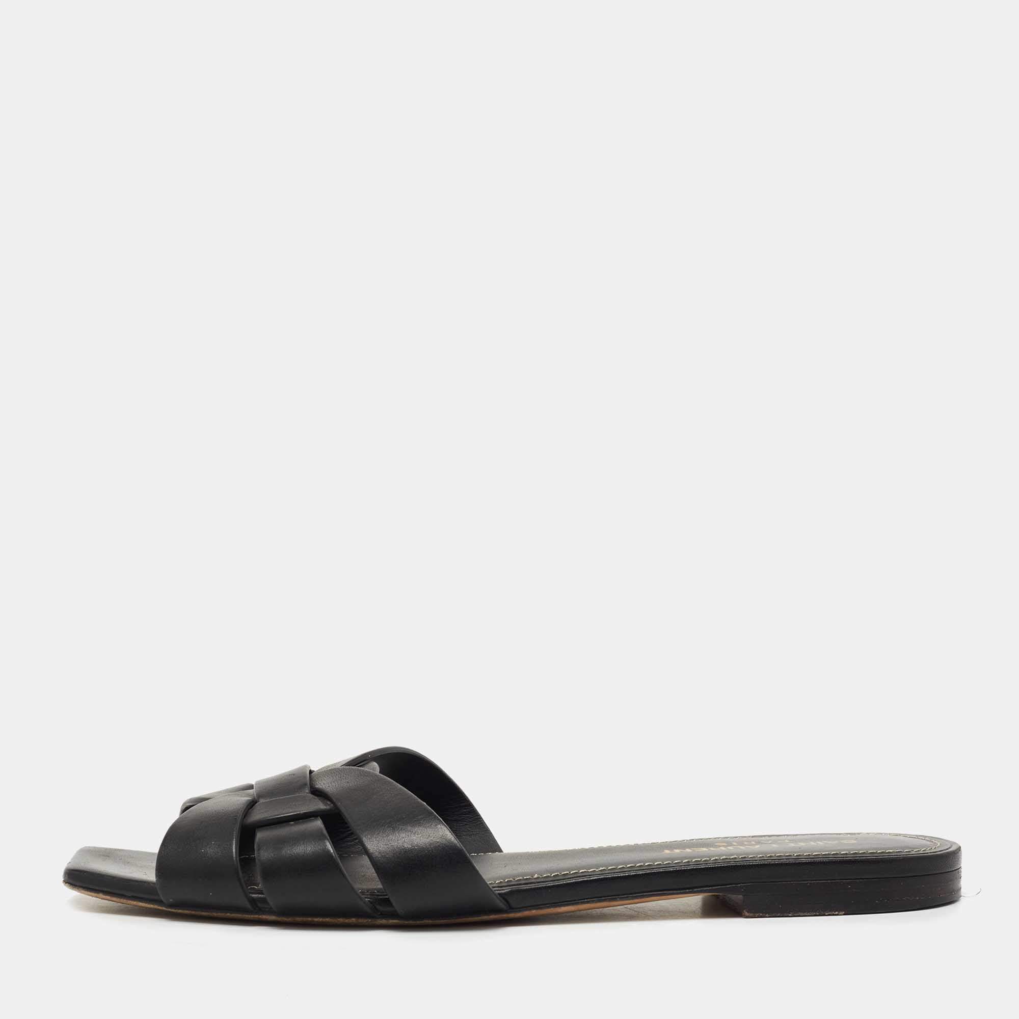 Saint Laurent Black Leather Tribute Flat Slides Size 38