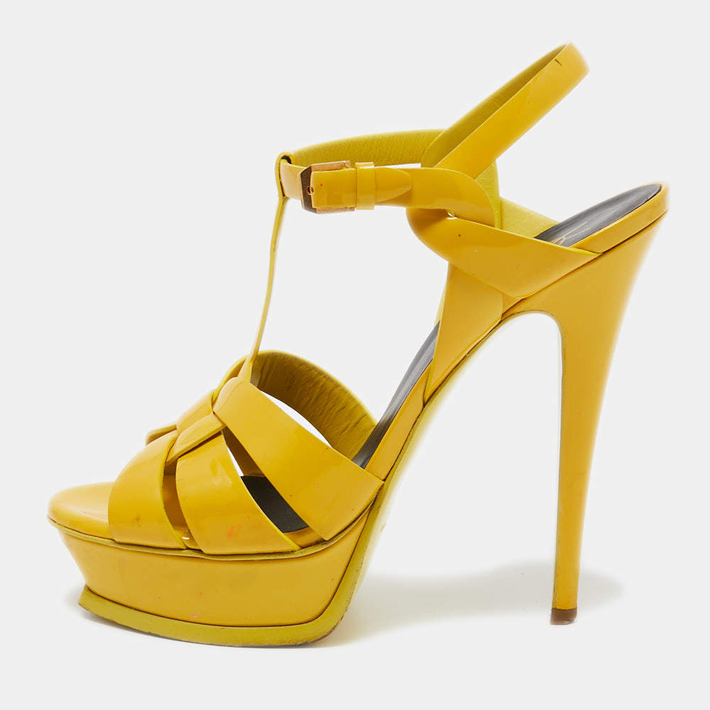Pre Owned Saint Laurent Mustard Patent Leather Tribute Sandals Size 39