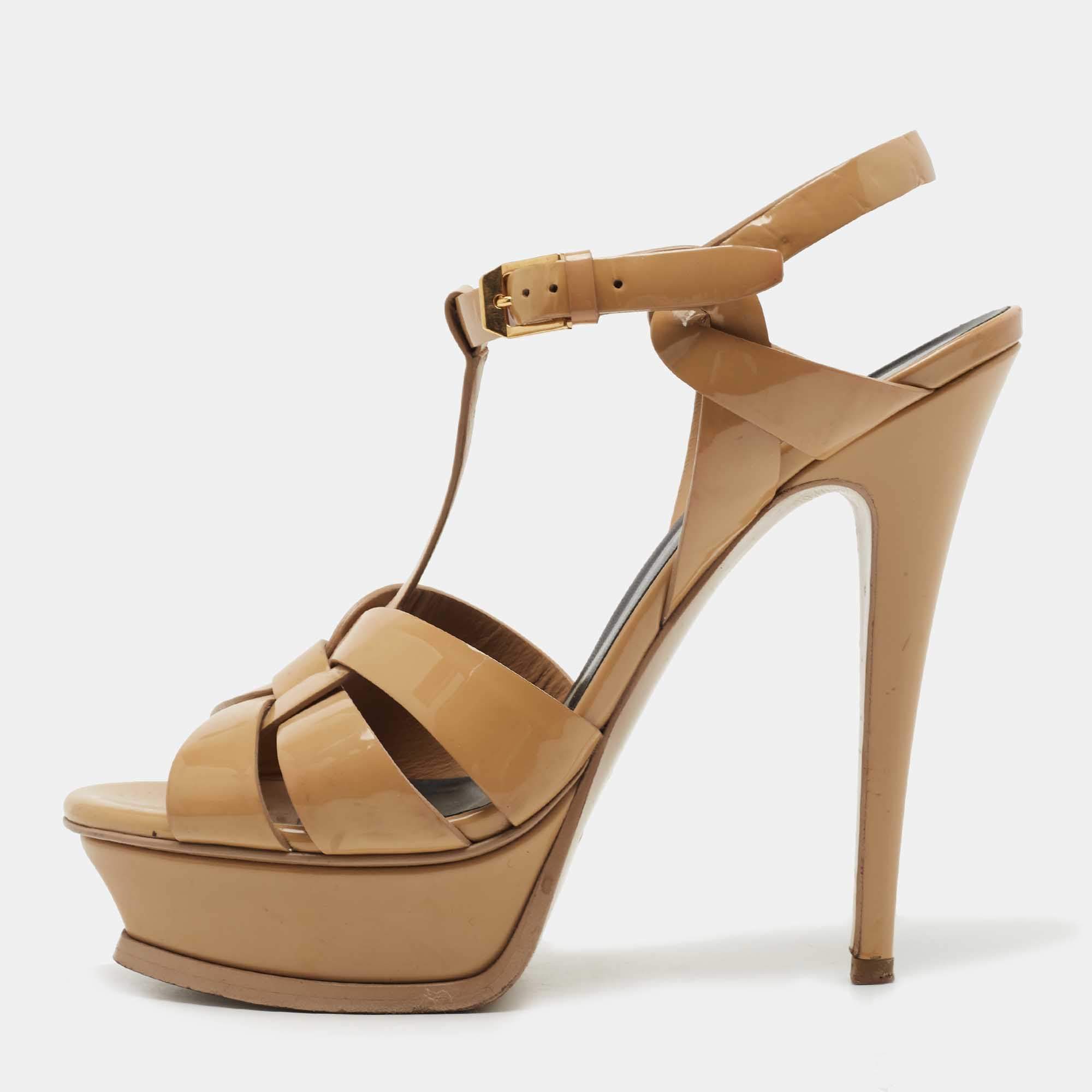 Pre Owned Saint Laurent Beige Patent Leather Tribute Sandals Size 37.5