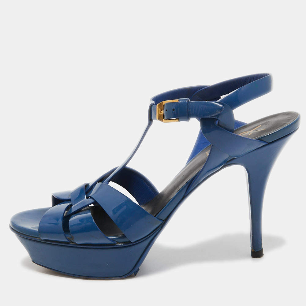 Pre Owned Saint Laurent Blue Patent Leather Tribute Sandals Size 38
